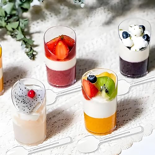 Miniatura 5 de Paquete de 50 mini tazas de postre de 2.7 onzas con cucharas, tazas pequeñas de plástico para postre de parfait transparente, tazas redondas