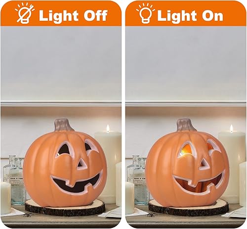 Miniatura 2 de Farol de Halloween, calabaza iluminada con foco LED que funciona con pilas, decoración de calabaza para interiores y exteriores, 10pulgadas