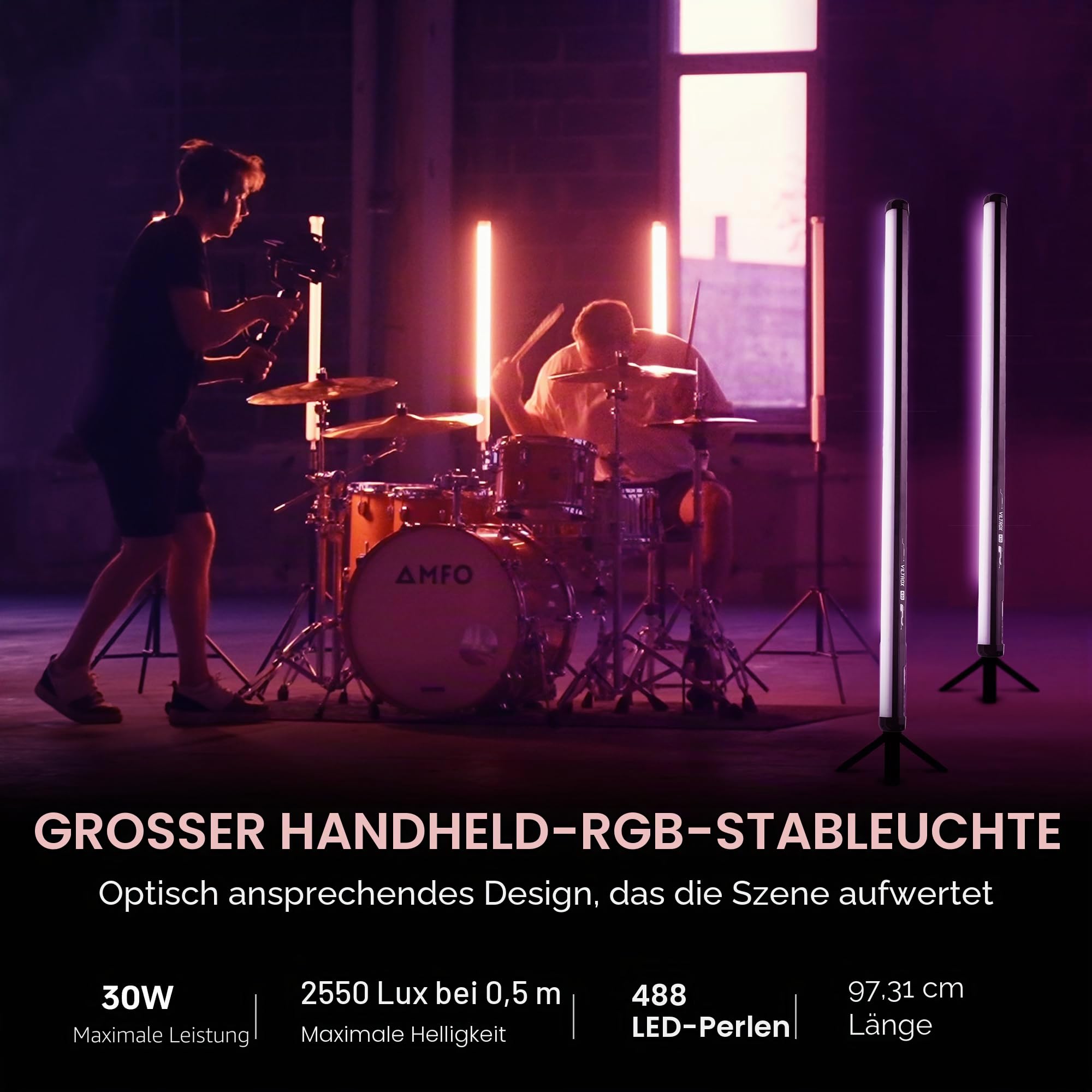 VILTROX K90 2er Pack RGB Leuchtstoffröhre, 30W 38" großer RGBWY-LED-Video-Stick-Lichtstab für Fotografie mit APP/2,4 G/Fernbedienung, CRI 97+, 26 Szenen, 2500K-8500K, 14,8V/3300mAh Akku, Magnetchip