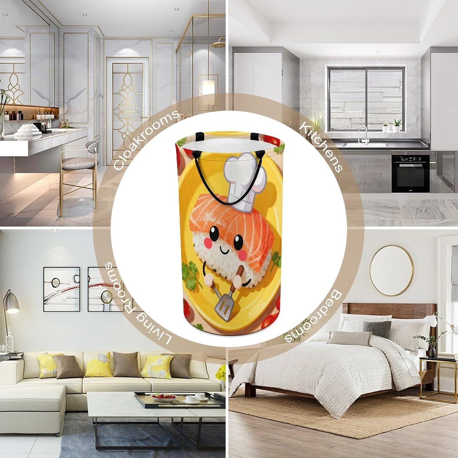 Funny Sushi Laundry Hamper with Handles Waterproof Collapsible Laundry Basket Large Lightweight Round Dirty Clothes Hamper for Home Dorm Bathroom Decor