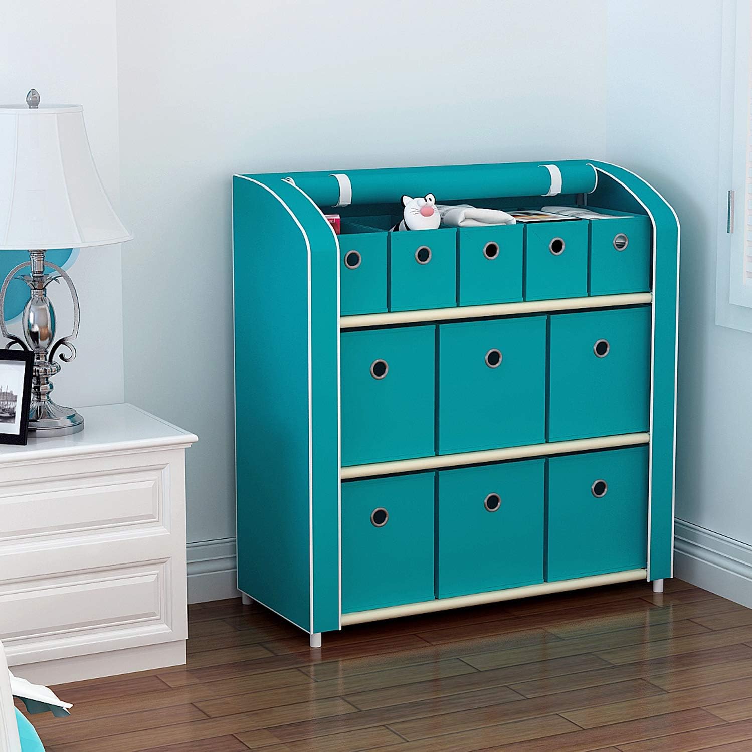 JEROAL Multi-Bin Storage Unit Organizer with Storage Bins Multi-Section Storage Cabinet Sturdy Metal Shelf Frame, Turquoise