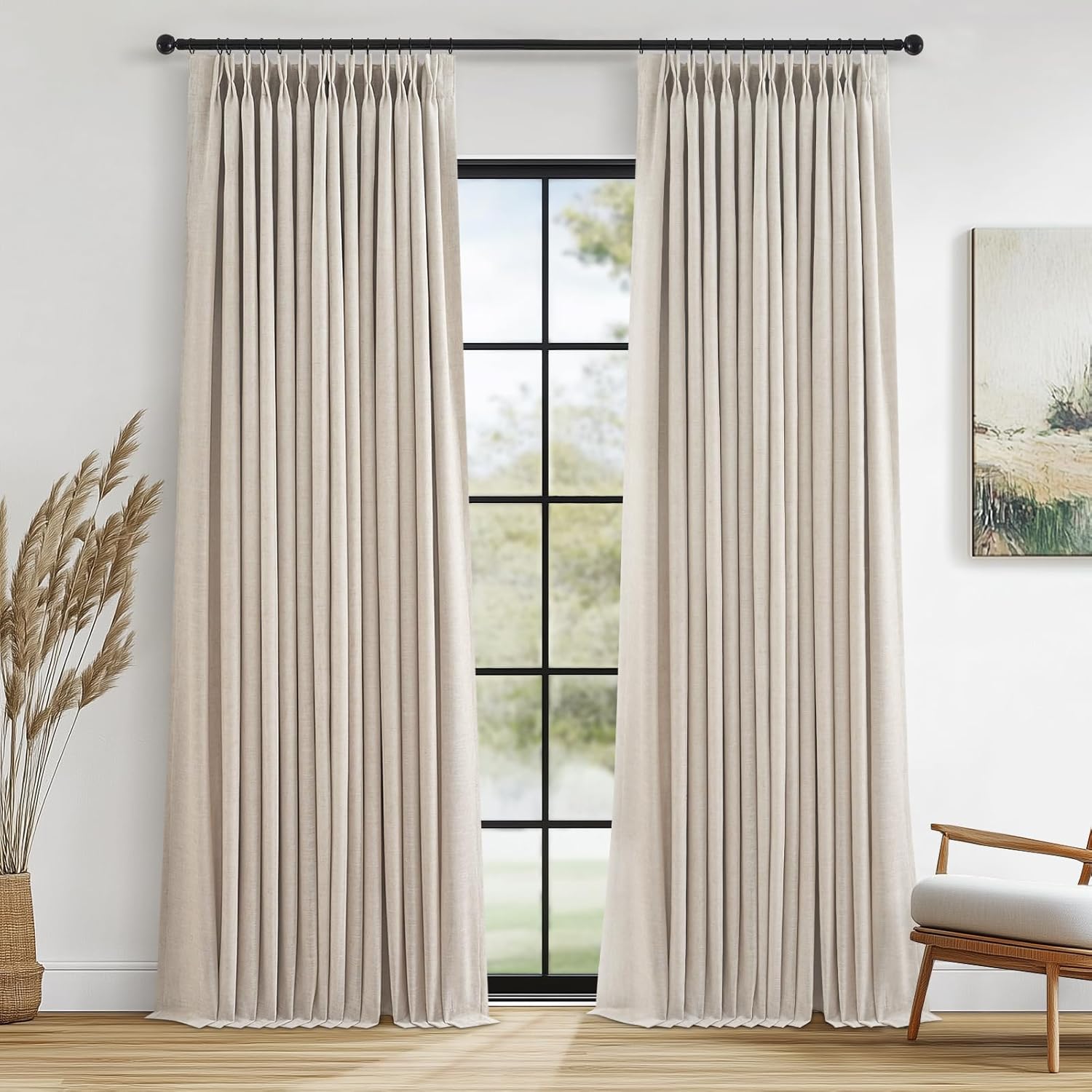 Topfinel 100% Blackout Curtains for Bedroom 84 Inches Long,Textured Beige Pinch Pleated Linen Black Out Advanced Curtains 2 Panels Set,Thermal Insulated Farmhouse Curtains for Living Room Track System
