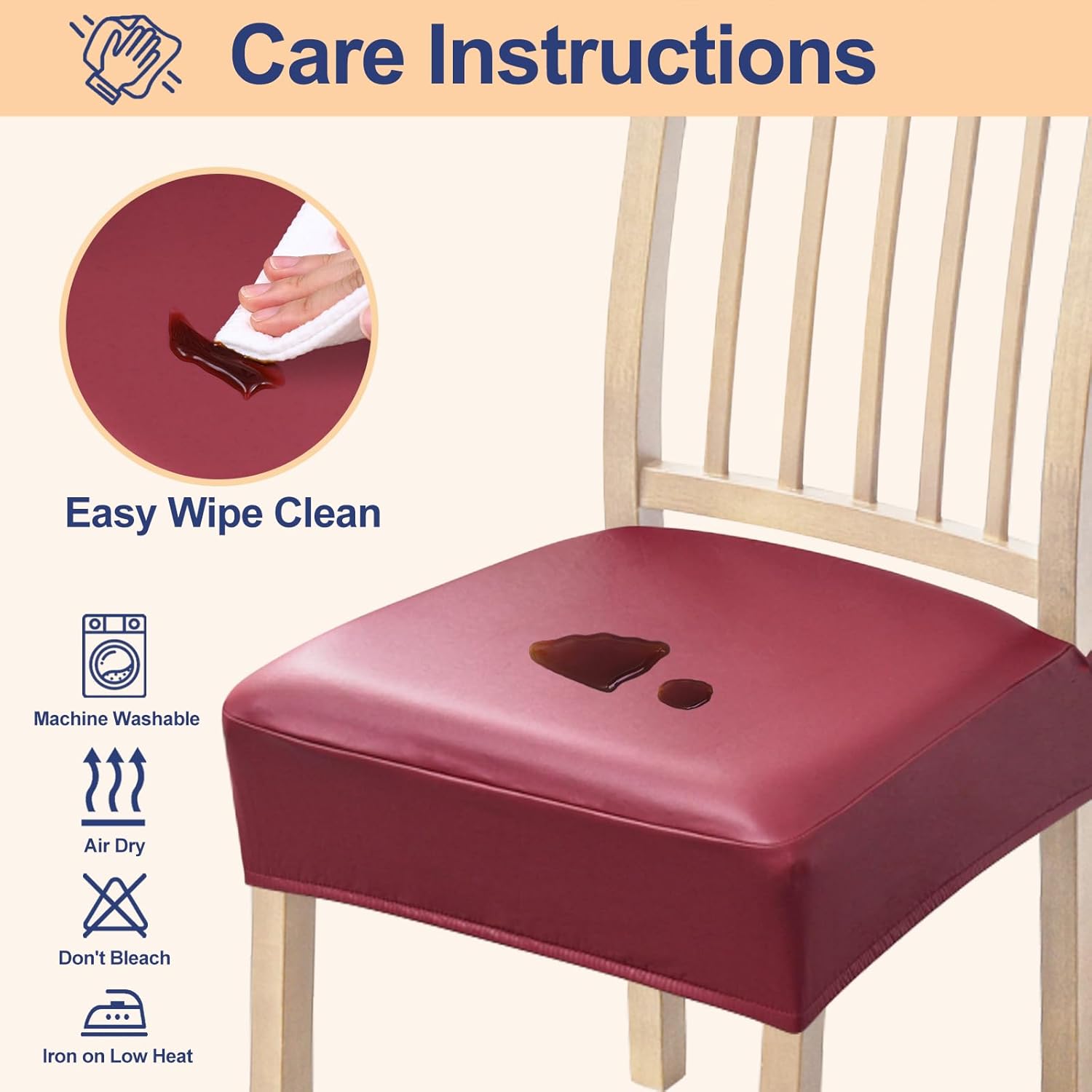 Smiry Waterproof Pu Leather Seat Covers for Dining Room Chairs Set of 4, Stretch Fit Removable Washable Kitchen Chair Seat Slipcovers Protector, No Rear Covers, Wine Red