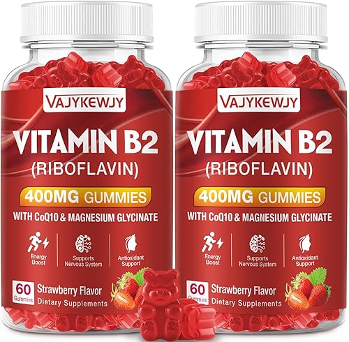 Gomitas de riboflavina con vitamina B2 de 400 mg para apoyo energético y metabolismo, gomitas veganas con sabor a fresas, sin OMG, sin gluten, 120