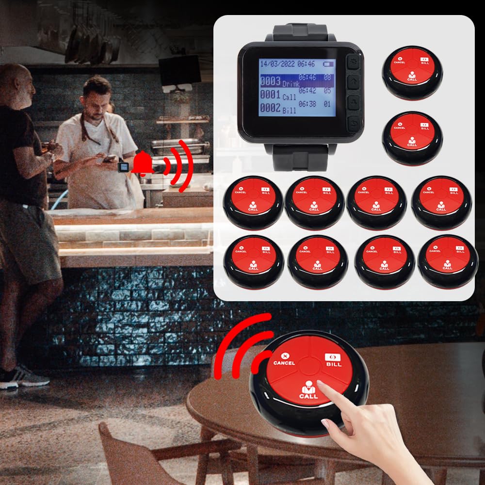 Cercapersone Ristorante, Sistema di Chiamata Cameriere con Tre Modalità Prompt, 1 Ricevitore Orologio e 10 Pulsanti di Chiamata Cliente, Campane per Bar, Hotel, Pizzeria, Clinica