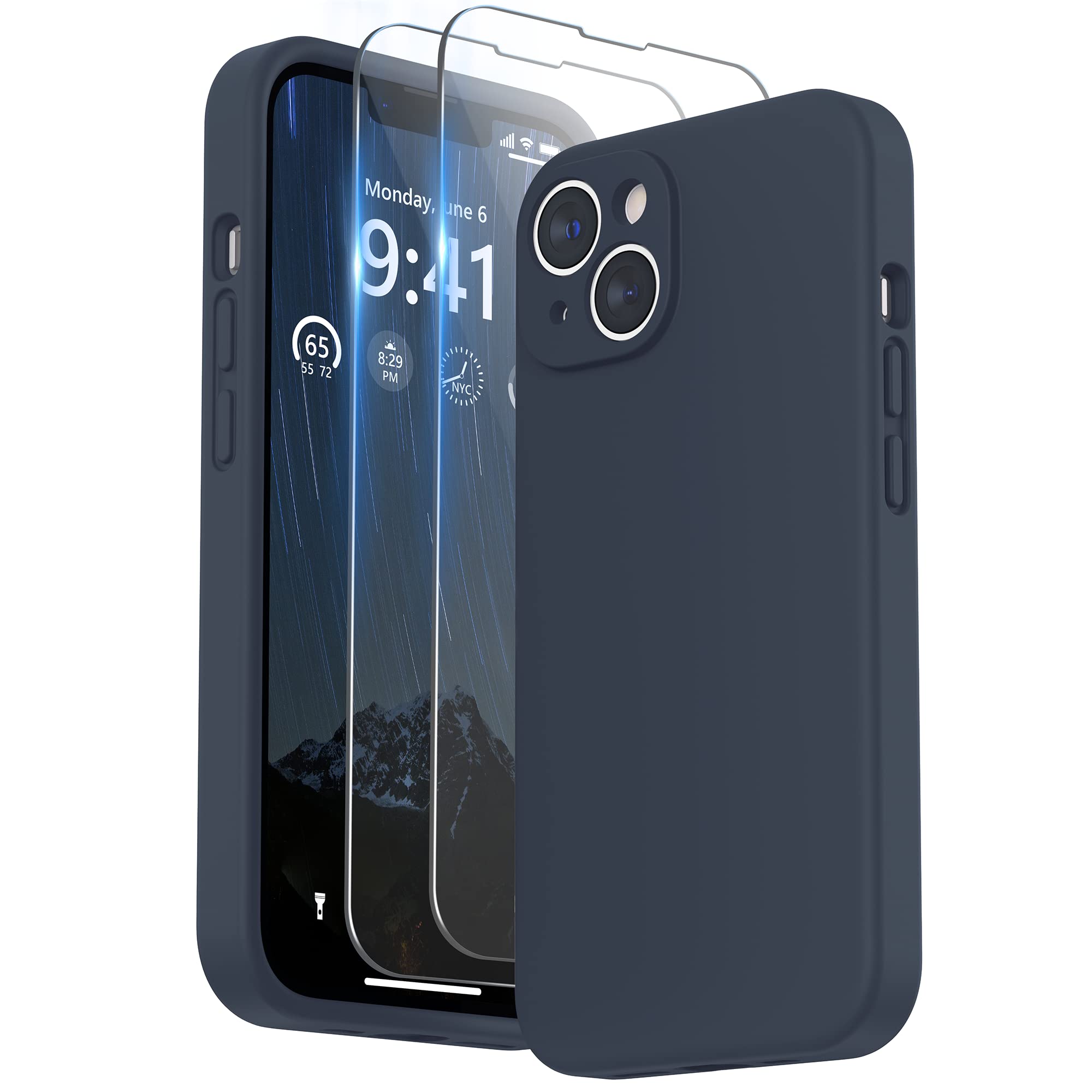 SURPHY Silicone Cover per iPhone 14 6.1 Pollici, con Vetro Temperato, Custodia Antiurto per iPhone 14, con Protezione per Ogni Lente Full Body Protettiva Case per iPhone 14 2022, Blu notte