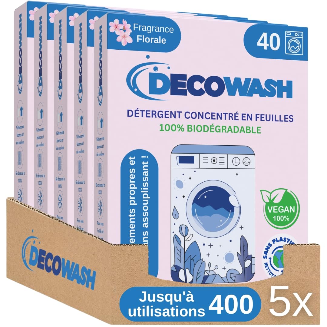 Feuilles de Lessive pour Machine à Laver (jusqu'à 400 lavages) - Parfum Floral, Effet Adoucissant, Écologique, Hypoallergénique, Végétalien et Sans Cruauté - Vêtements Propres et Doux Sans Polluer