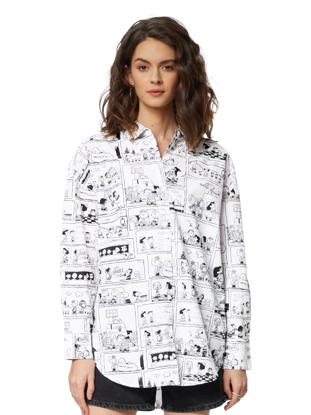 The Souled Store| Official Peanuts: Comic Print Womens and Girls Shirts|Full Sleeve|Loose fit Graphic Printed |100% Cotton (Poplin) White Women Boyfriend Shirts
