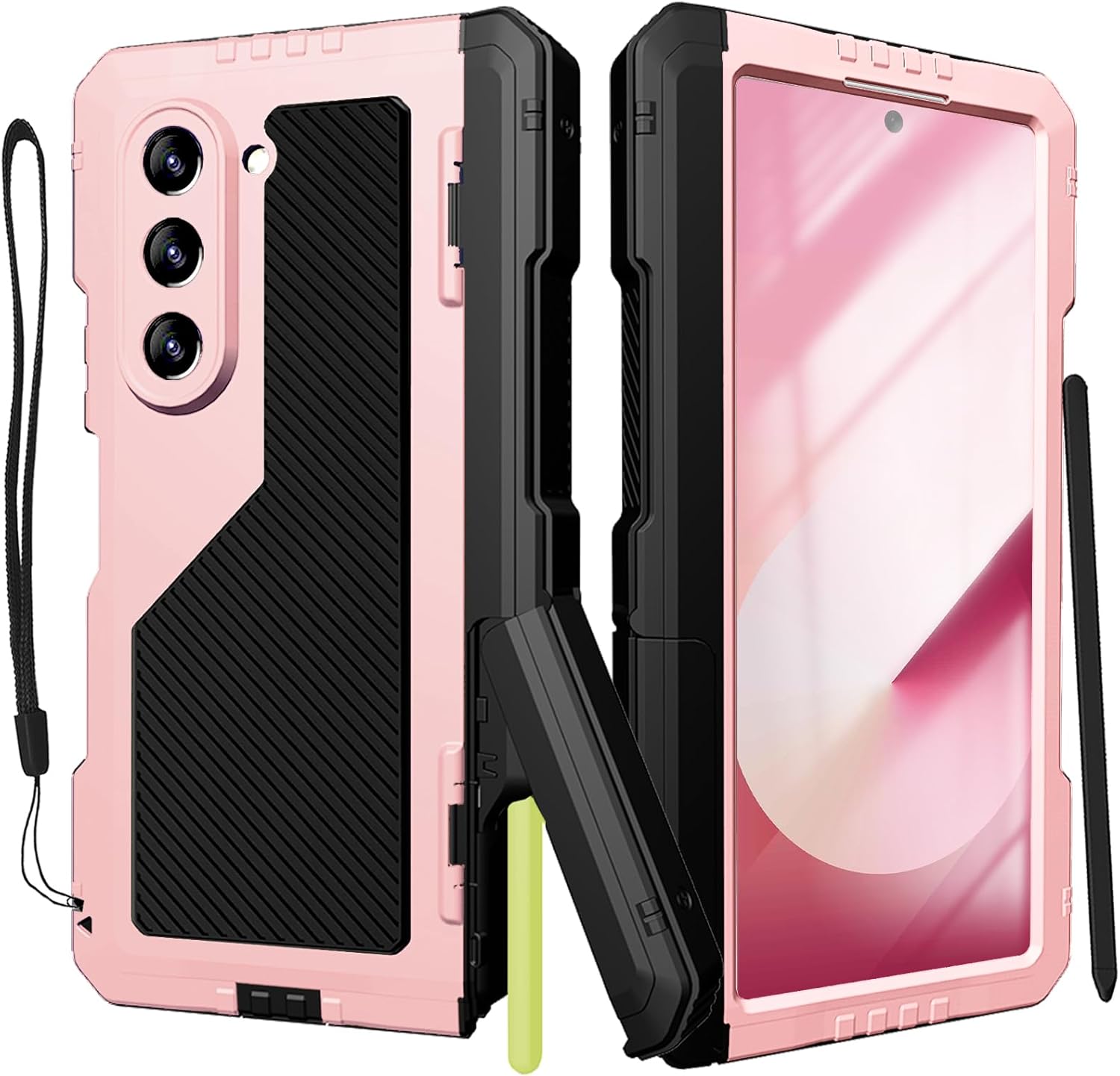 for Samsung Galaxy Z Fold 6 Case with S Pen Holder & Stylus, Fold6 Metal Case with Hinge Protection Screen Protector Military Rugged Heavy Duty Bumper Kickstand Cover for Z Fold 6 Pink