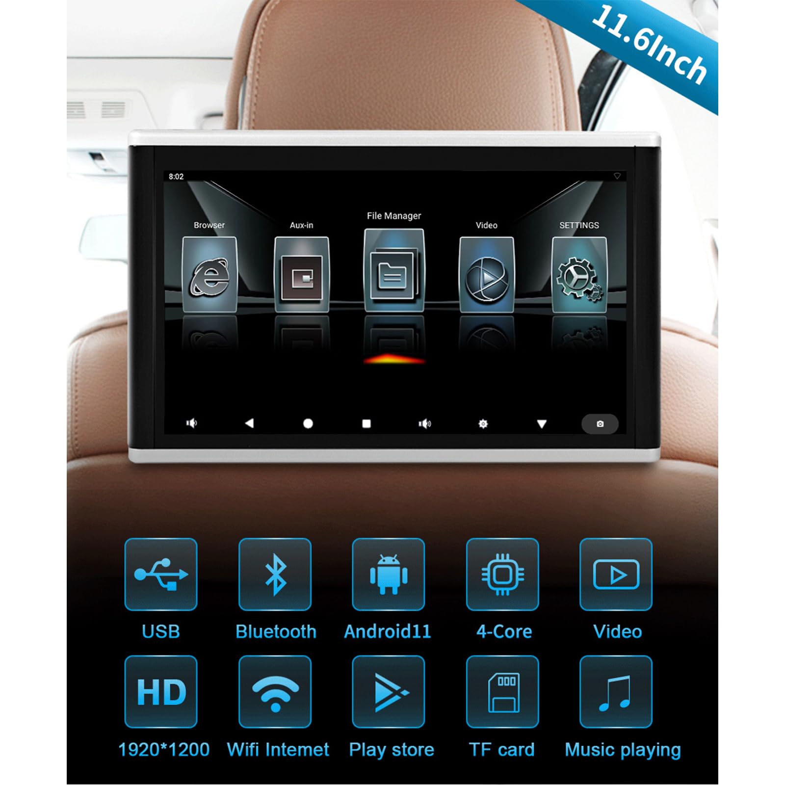 Poggiatesta per auto, lettore video, touch screen da 11,6", supporta 4K, WiFi, ingresso HDMI, FM, USB, lettore musicale e video per l'intrattenimento dei sedili posteriori