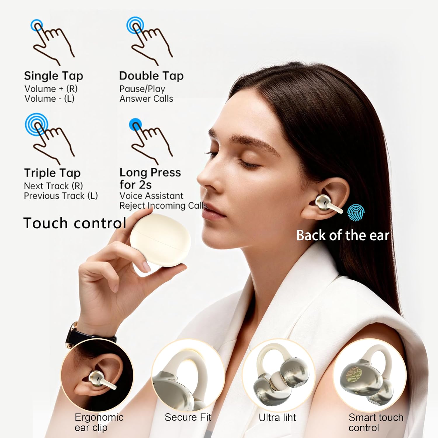 Open Ear Earbuds Lightweight Comfort, 40H Play Bluetooth 5.4 Open Ear Headphones, Fit for Small Ears, Touch Control Running Headphones Fit Sports Running, Workout Macaron White