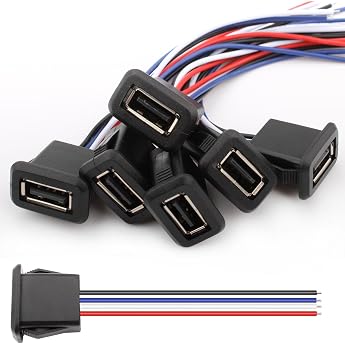 Pack of 6 USB Type A Female 3A 4-Pin USB A Male Soldering 4-Wire USB A Panel Socket with Snap Groove Buckle 22AWG USB A Female Cable USB A Female for Panel Mounting