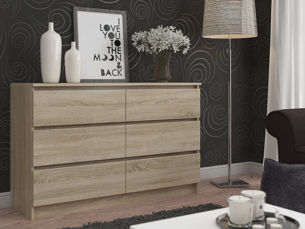 Home Collective Commode de 120 cm de large avec 6 tiroirs, chambre à coucher et salon, polyvalente, pour couloir et chambre d'enfant, couleur sonoma