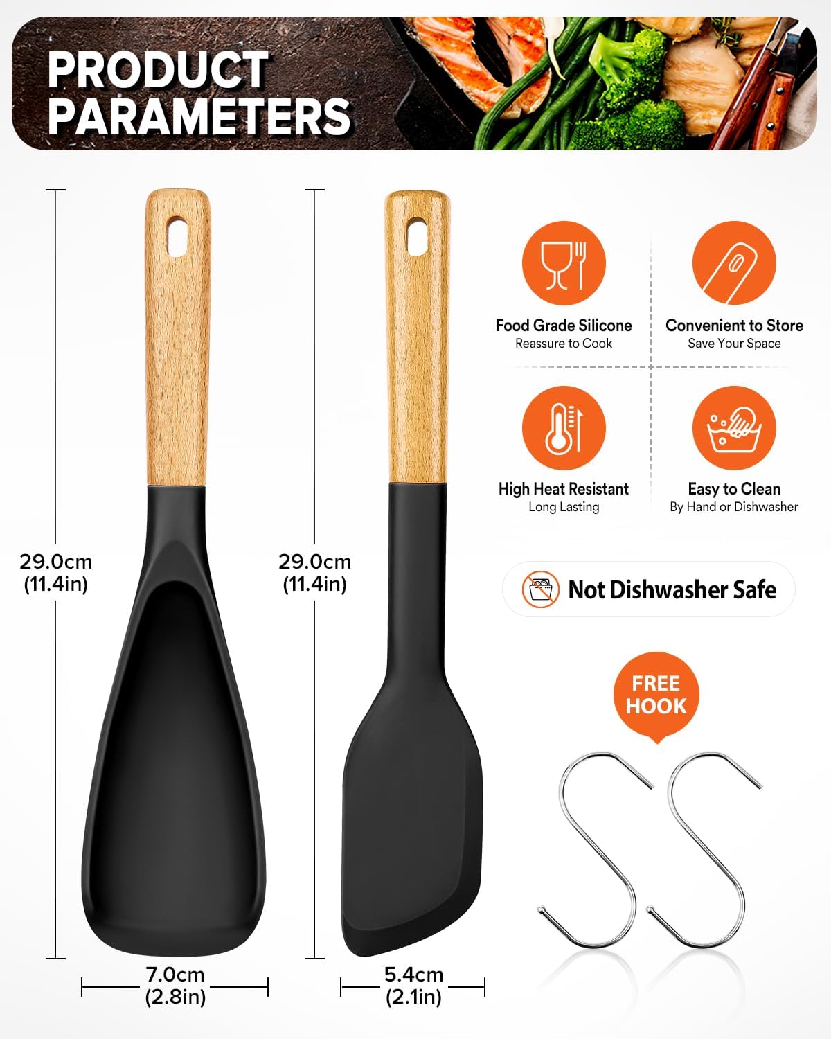 Badiano Cooking Spoon and Scraper for Nonstick Cookwares, Wood Handle BLACK