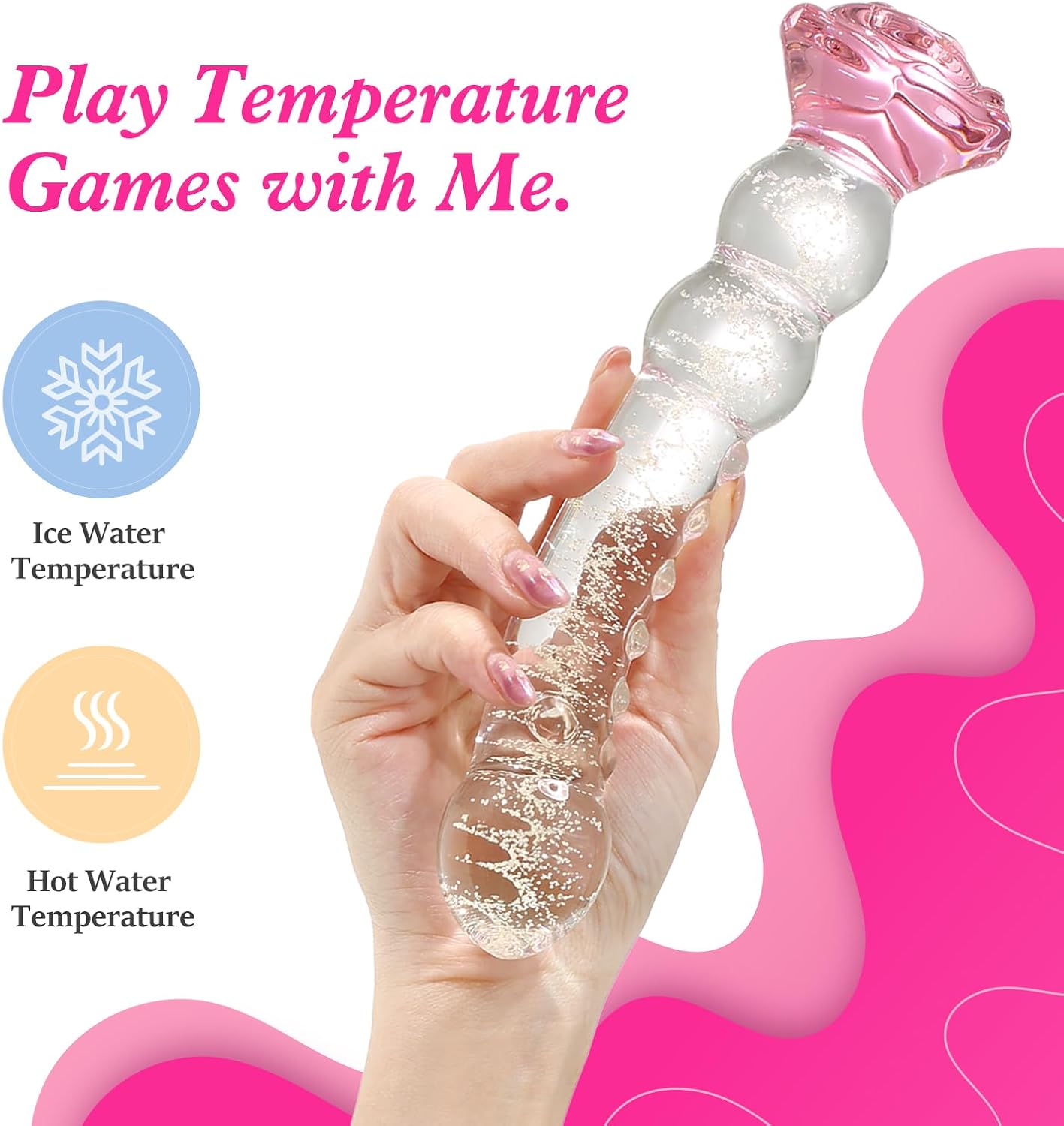 Glass Dildo Rose Adult Tool for Women – Anal Dildo Glow in the Dark Borosilicate Glass Toy for Temperature Play with Anal Beads & Textured Design, 8 Inch Butt Plug for Women (Clear Glow)