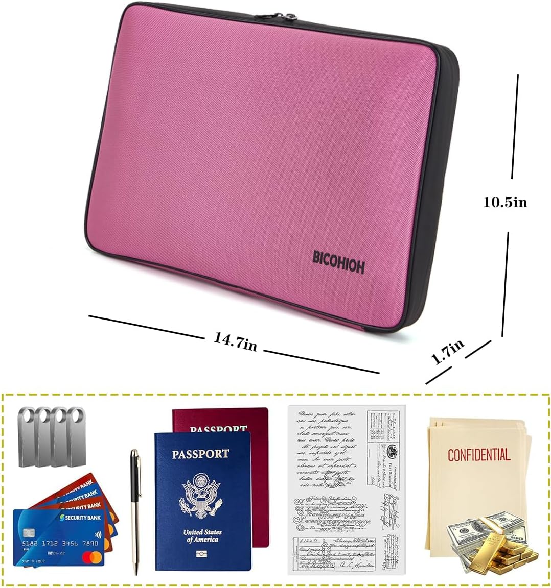 Portable Document Bag, Important Document Organizer, Storage Pouch File Folder for Important Papers, Emergency Binder, Birth Certificates, Social Security Cards, Passports, Photos (Pink)