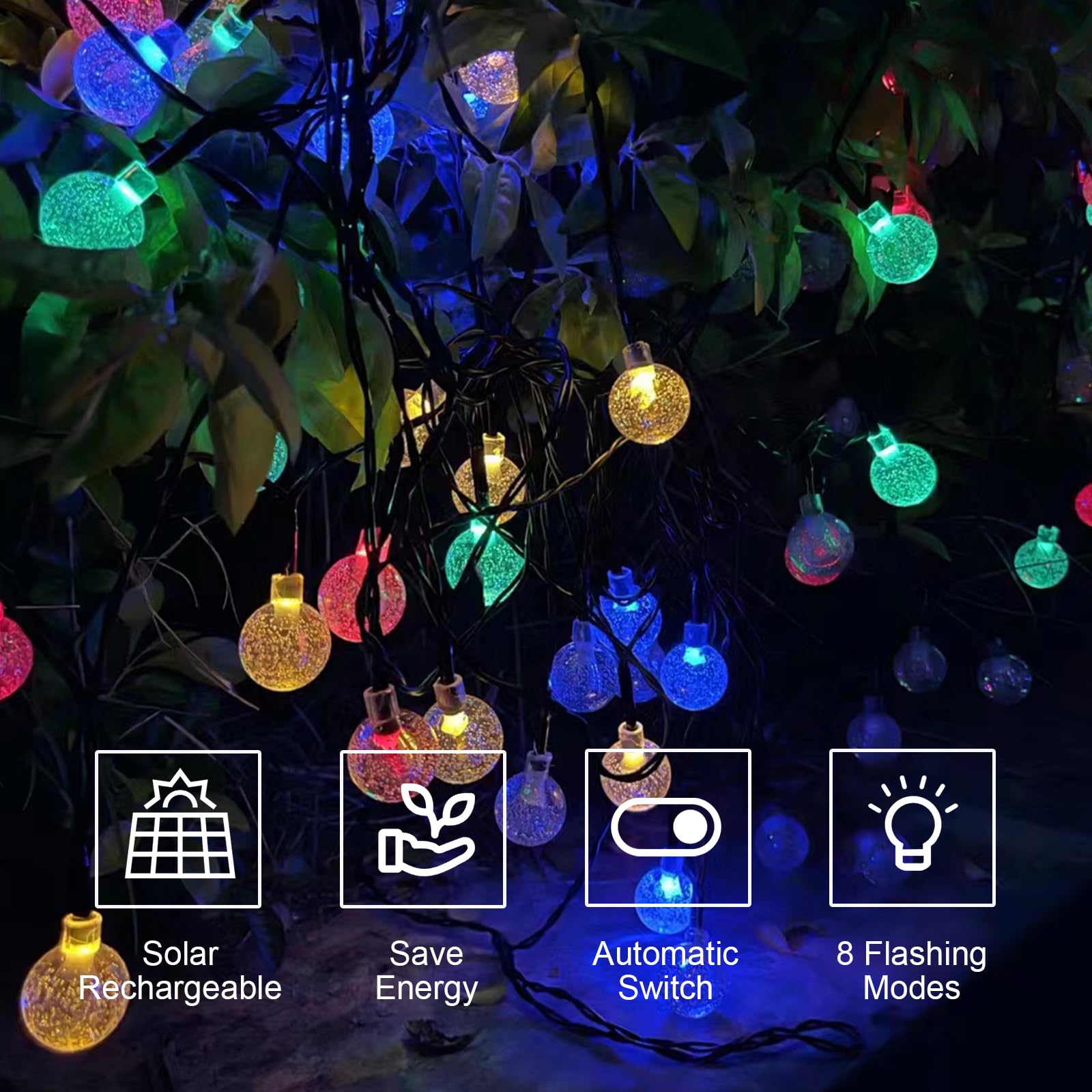 LQWELL® Catena luminosa a energia solare per esterni, giardino, luce a energia solare, sfere di cristallo, 20 LED, 5 m, IP65, 8 modalità, per esterni, giardino, terrazza (5M 20LED Multicolore)