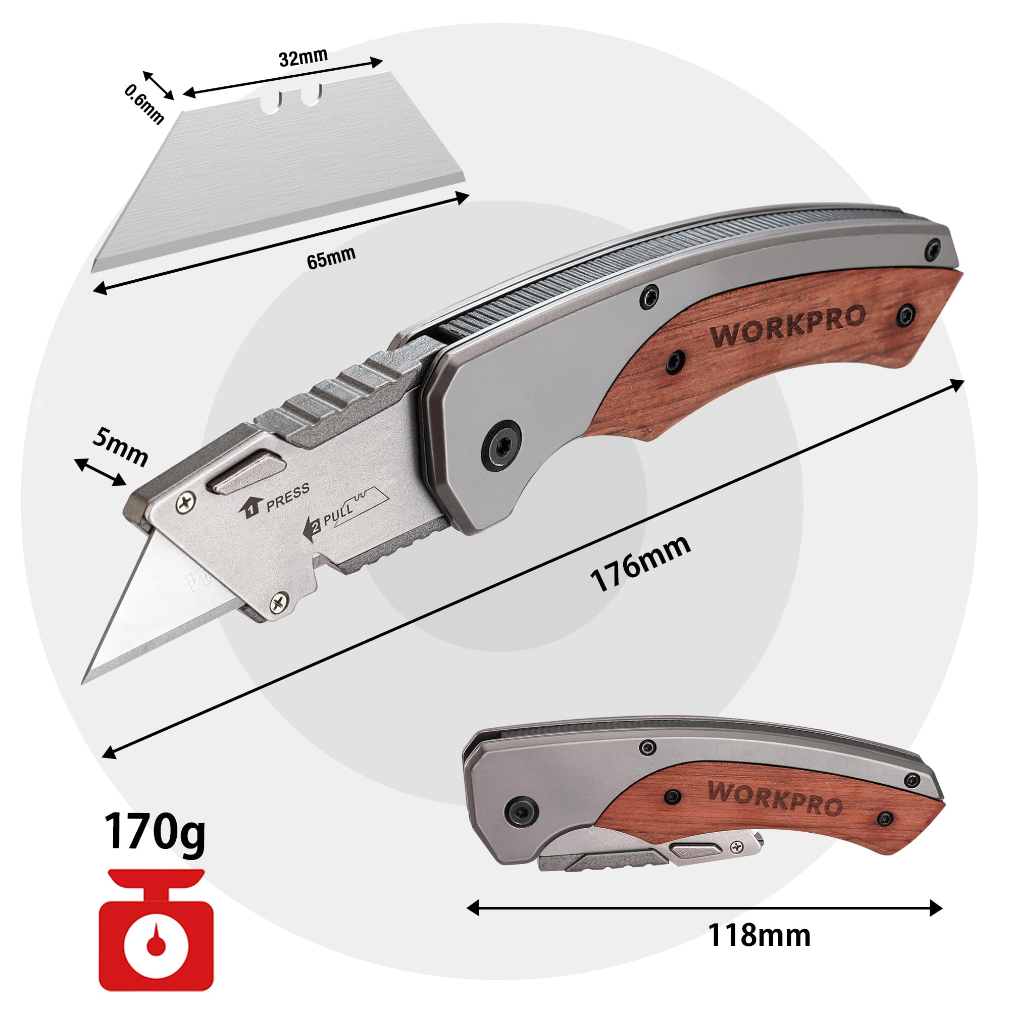 WORKPRO Składany Nóż Uniwersalny/Składany z Drewnianym Uchwytem, Nóż do Dywanów/Cutter z Klipsem do Paska i Mechanizmem Liner-Lock, Wraz z 10 Ostrzami Zapasowymi