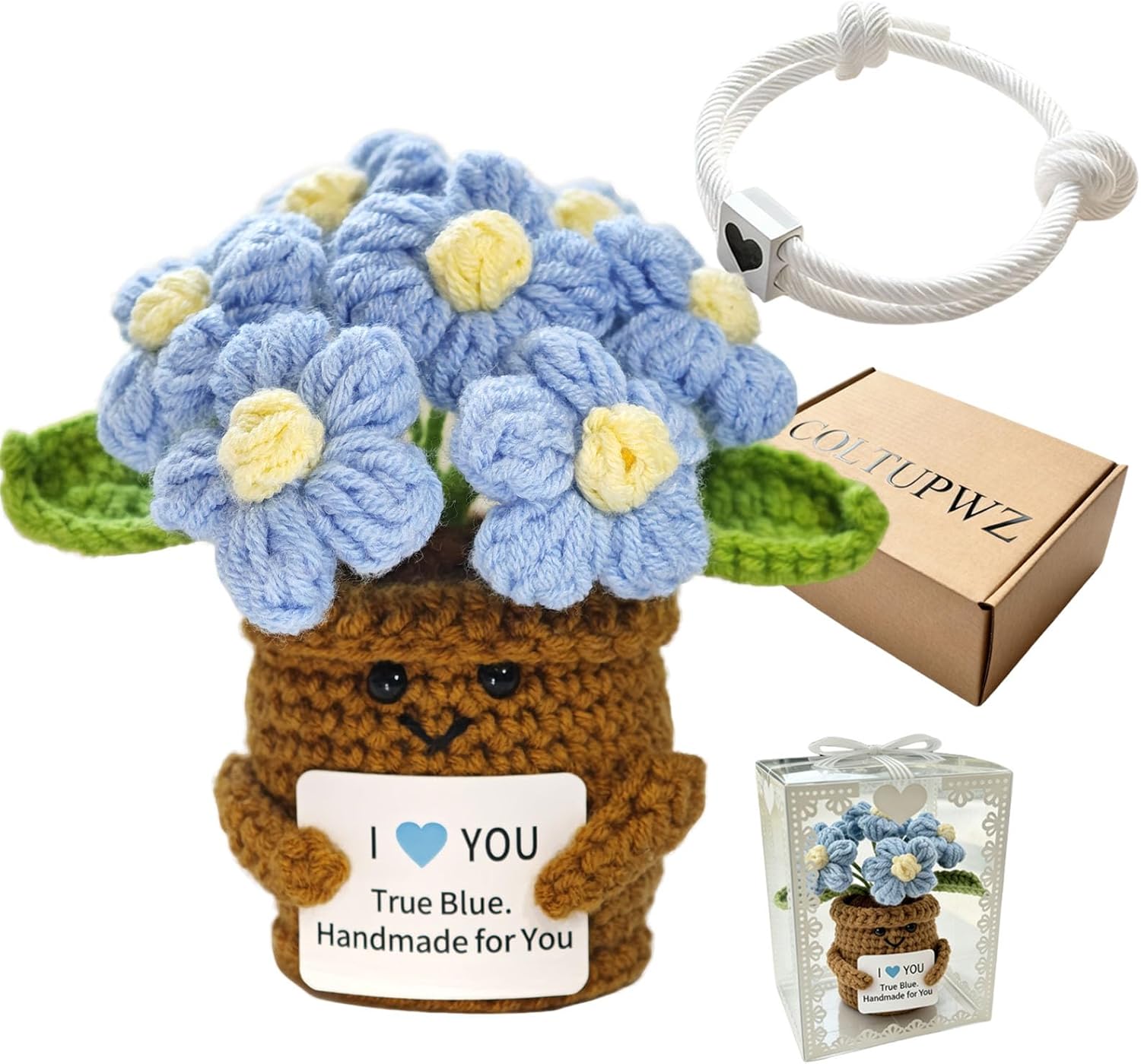Valentine's Day Handmade Crochet Blue Flowers Gift Set | Symbol of Loyal Love, Romantic I Love You Gifts Graduation Gift for Her, Birthday Gift for Boyfriend Fathers Husband