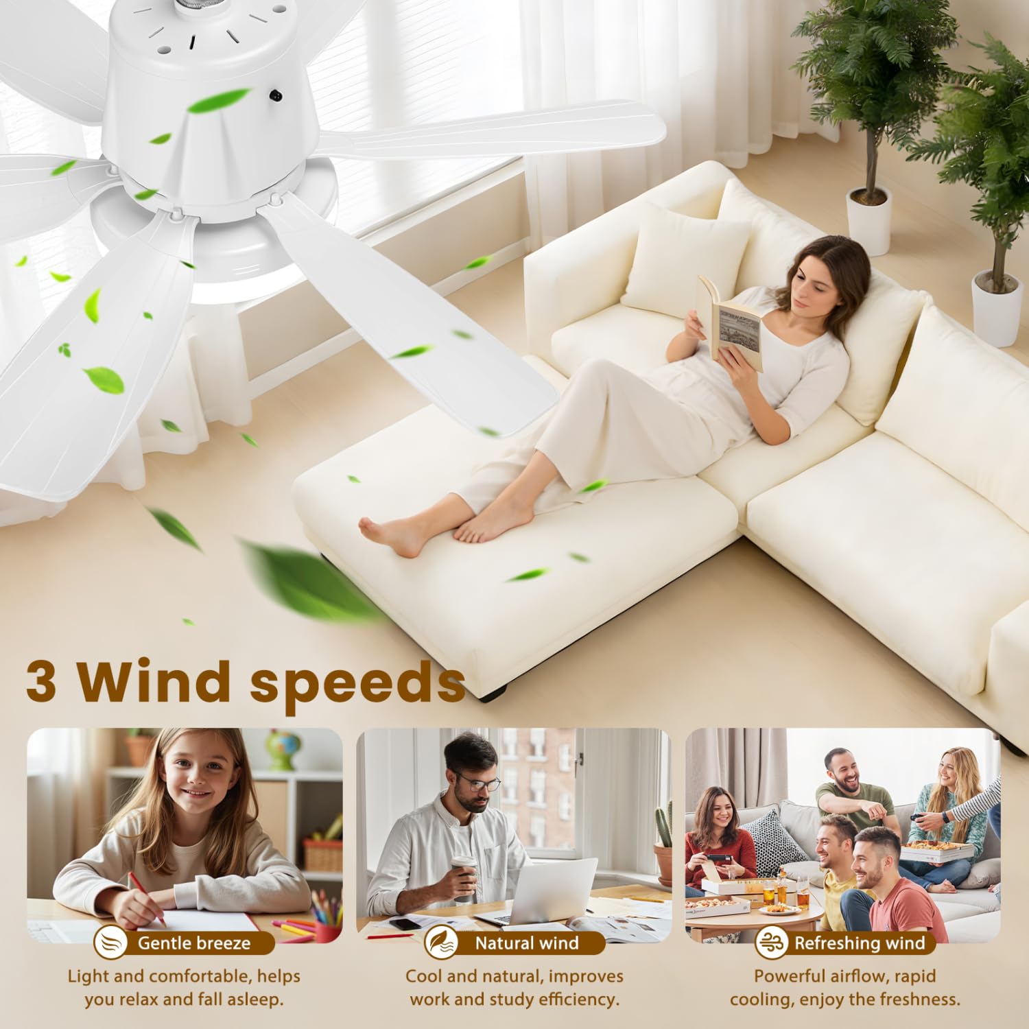 Ventilatore da Soffitto con Luce e Telecomando E27, Con altoparlante, Dimmerabile Plafoniera LED 3000-6500K, Luce ambientale RGB, timer, silenzioso per Camera da Letto, Soggiorno, Cucina
