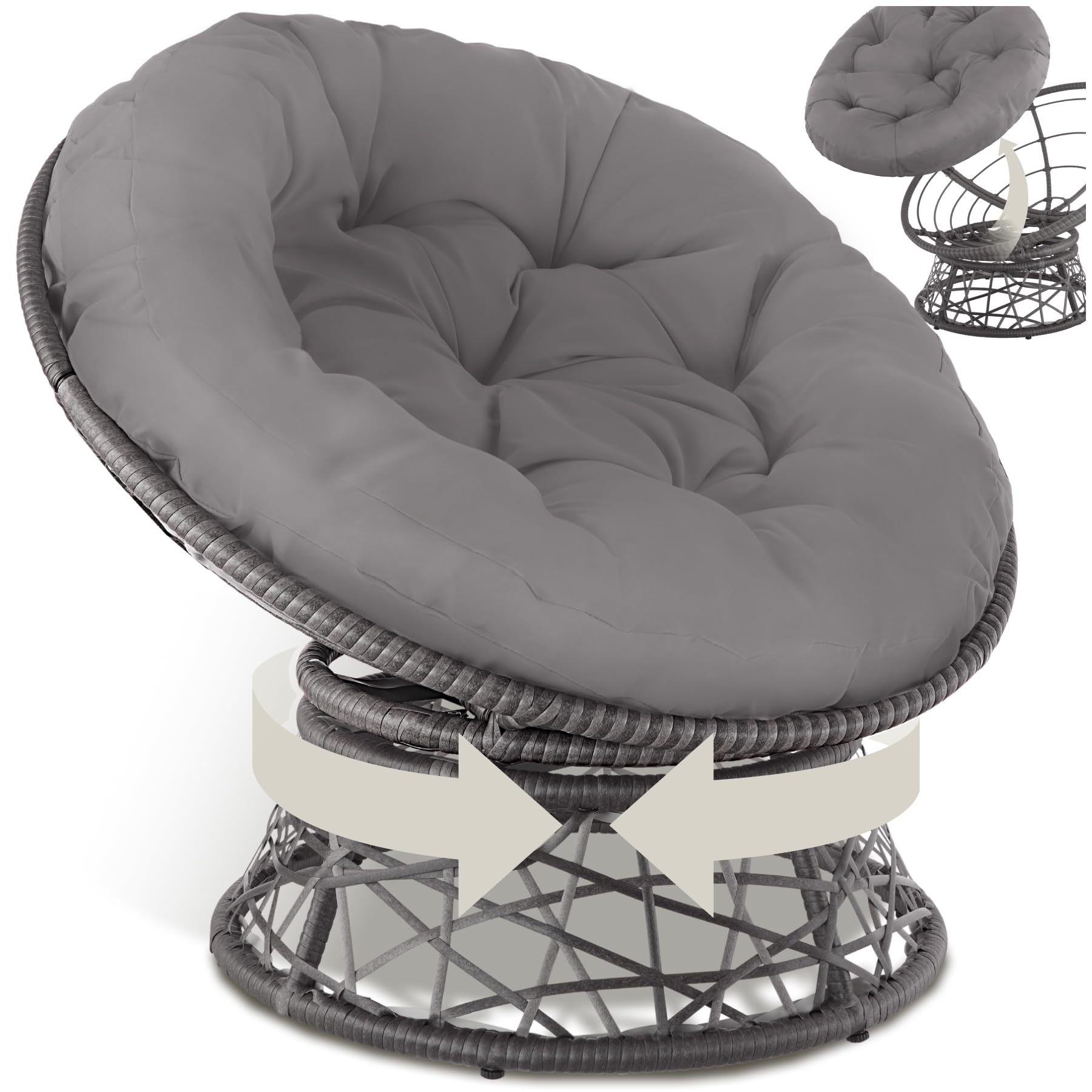tectake® Sillón de Ratán y Acero en Forma de Cuenco, Giratorio, Muebles Jardín Exterior Resistentes a Intemperie, Sillón para Conjunto Jardín Exterior, Cojín Grande y Mullido, Altura Ajustable - Gris