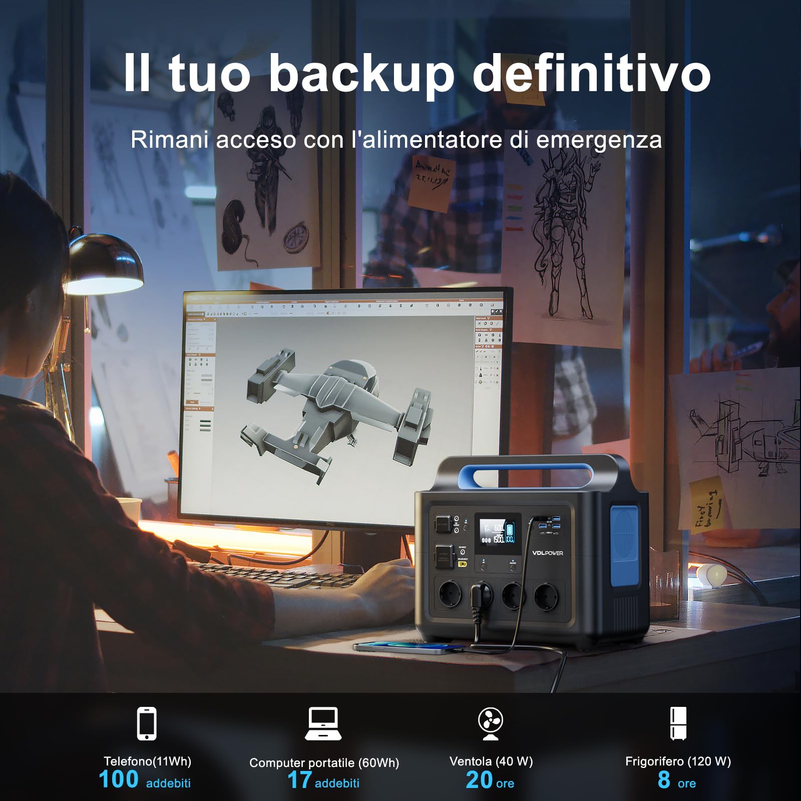 VDL Centrale Elettrica Portatile 1228Wh, Alimentazione a Batteria LiFePO4 con Presa 230V/1500W (picco 2000W), Generatore Solare per Alimentazione Domestica, Campeggio, Emergenza, HS1500