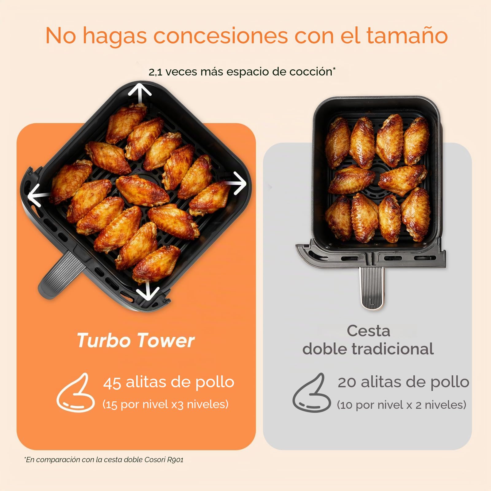 Cosori Air Fryer Turbo Tower 10,8L, Freidora sin aceite con 2 cajones, 3 niveles de cocción, 6 en 1, diseño compacto y apilable, 41 por ciento menos grande que los Airfryer Tradicionales, 300+ recetas