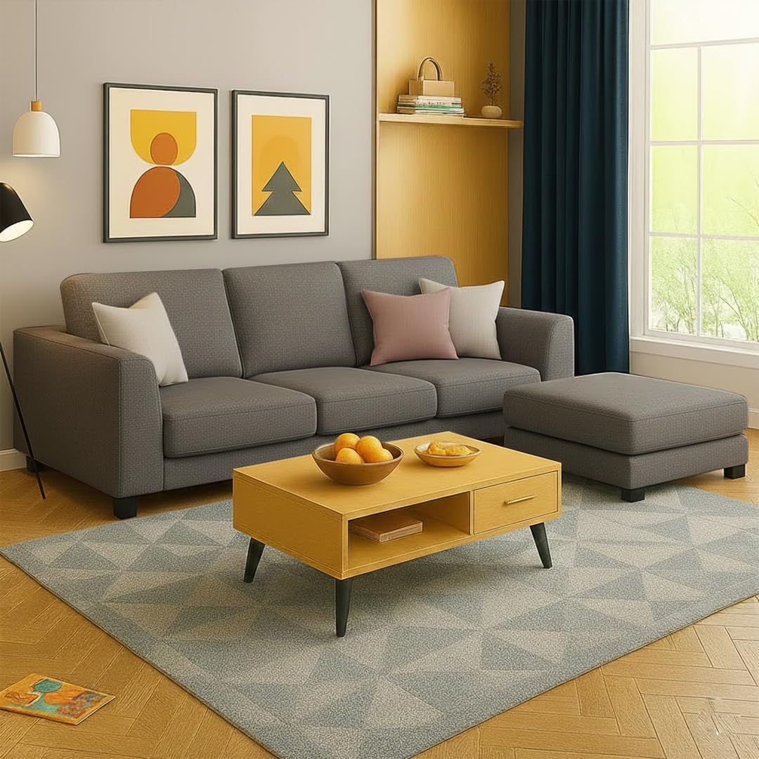 FURNY Revona 4 Seater L Shape Sofa Set with Movable Ottoman | Flexible Left or Right Layout | Plush Velvet Fabric (Dark Grey) | Perfect for Living Room, Guest Room & Office-image-49