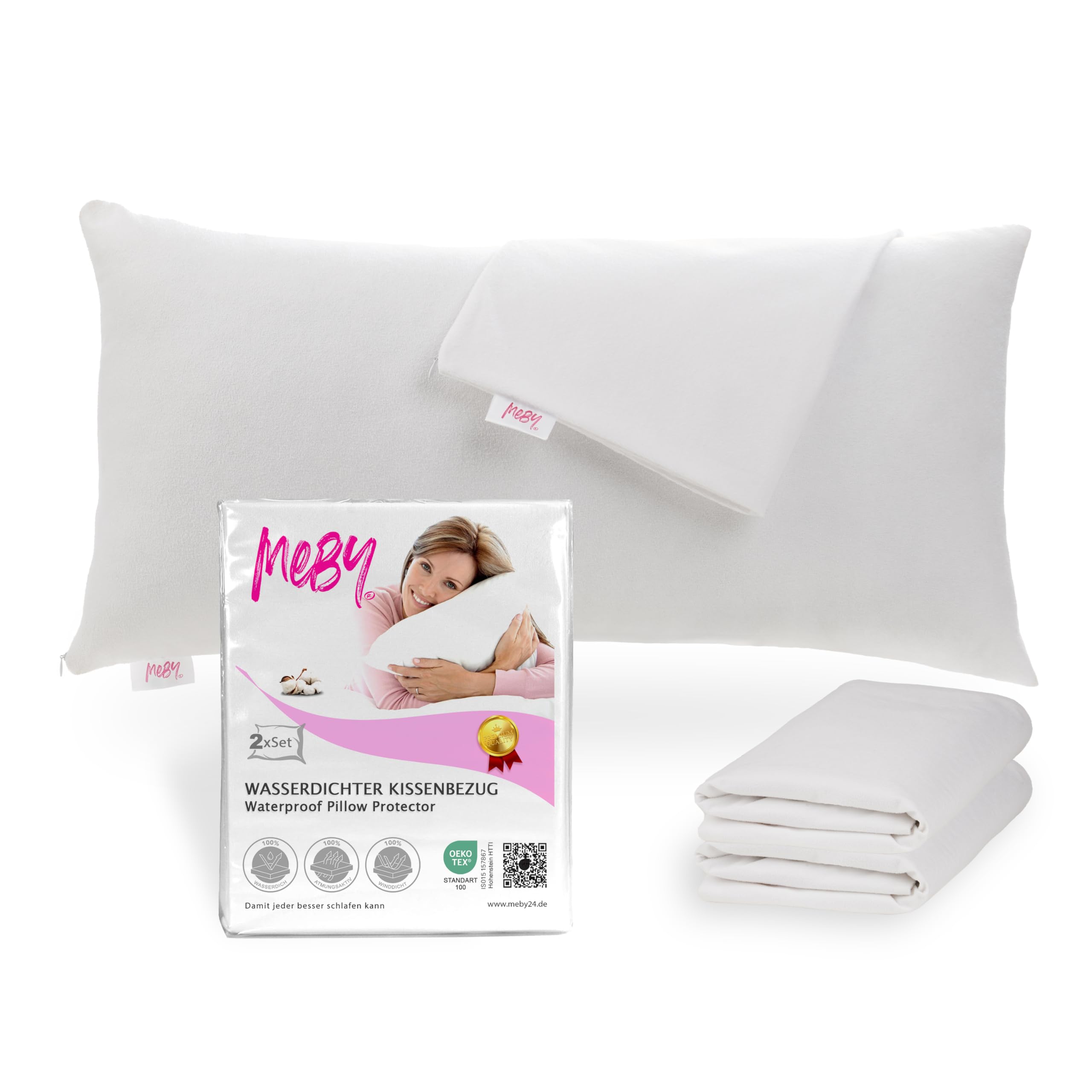 Set of 2 Waterproof Cotton Pillow Protectors with Hidden Zipper. Breathable Pillow Protector, Moisture Protection, Elastic