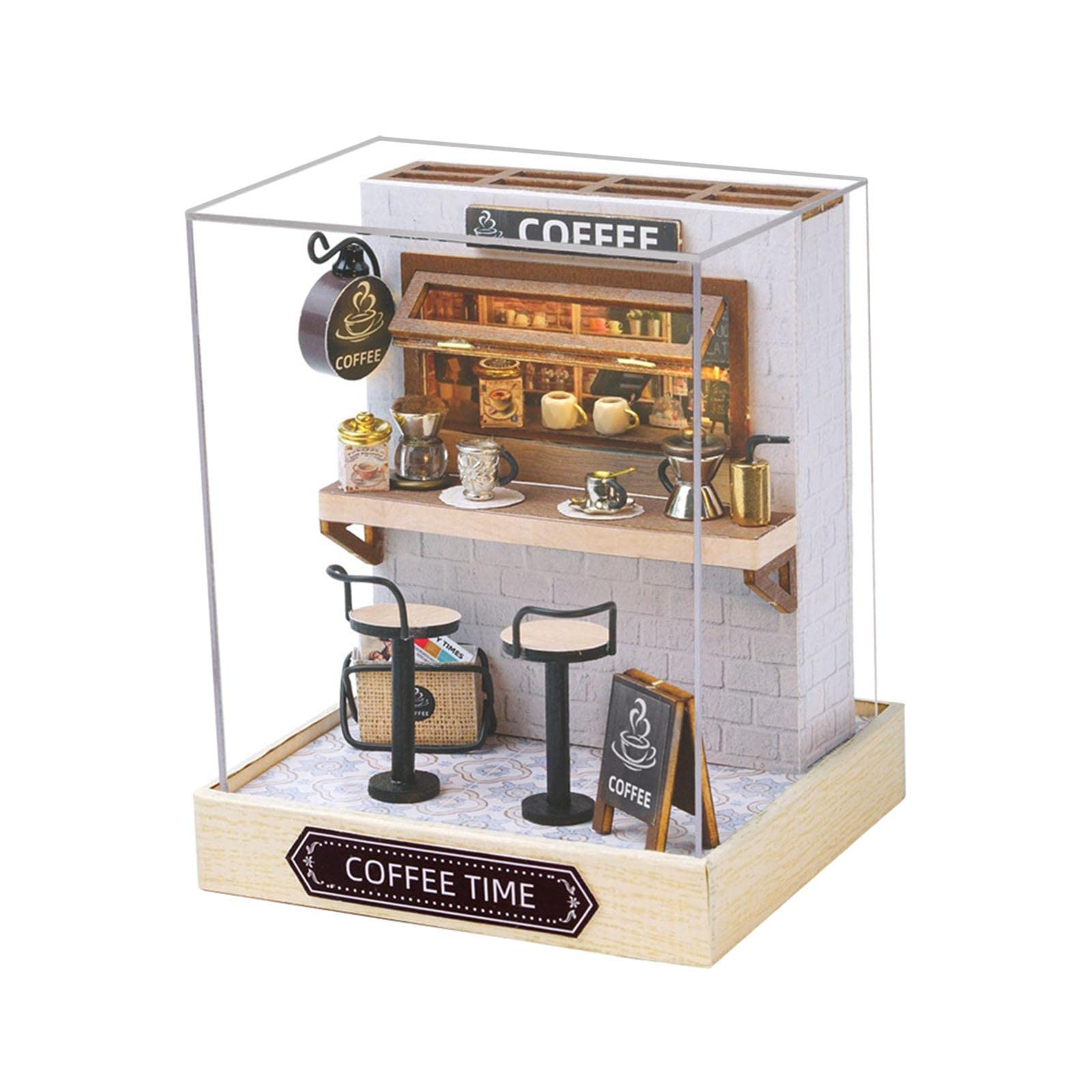 Juego de 5 casas de muñecas en miniatura de madera para niños, adultos, amigos, hora del café, estilo 4