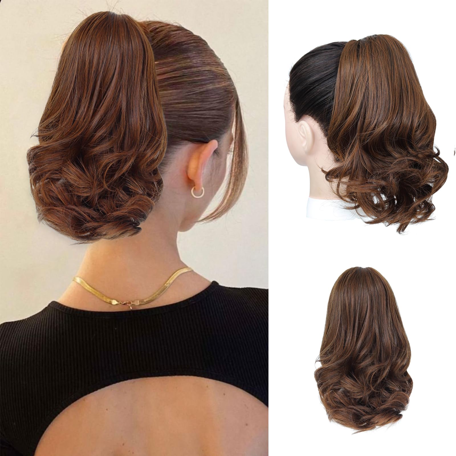 Angzon Ponytail Extension 8 Inch Claw Clip in Ponytail Short Curly Ponytail Extension for Women Messy Bun Fluffy Wavy Curly Synthetic Versatile Brown
