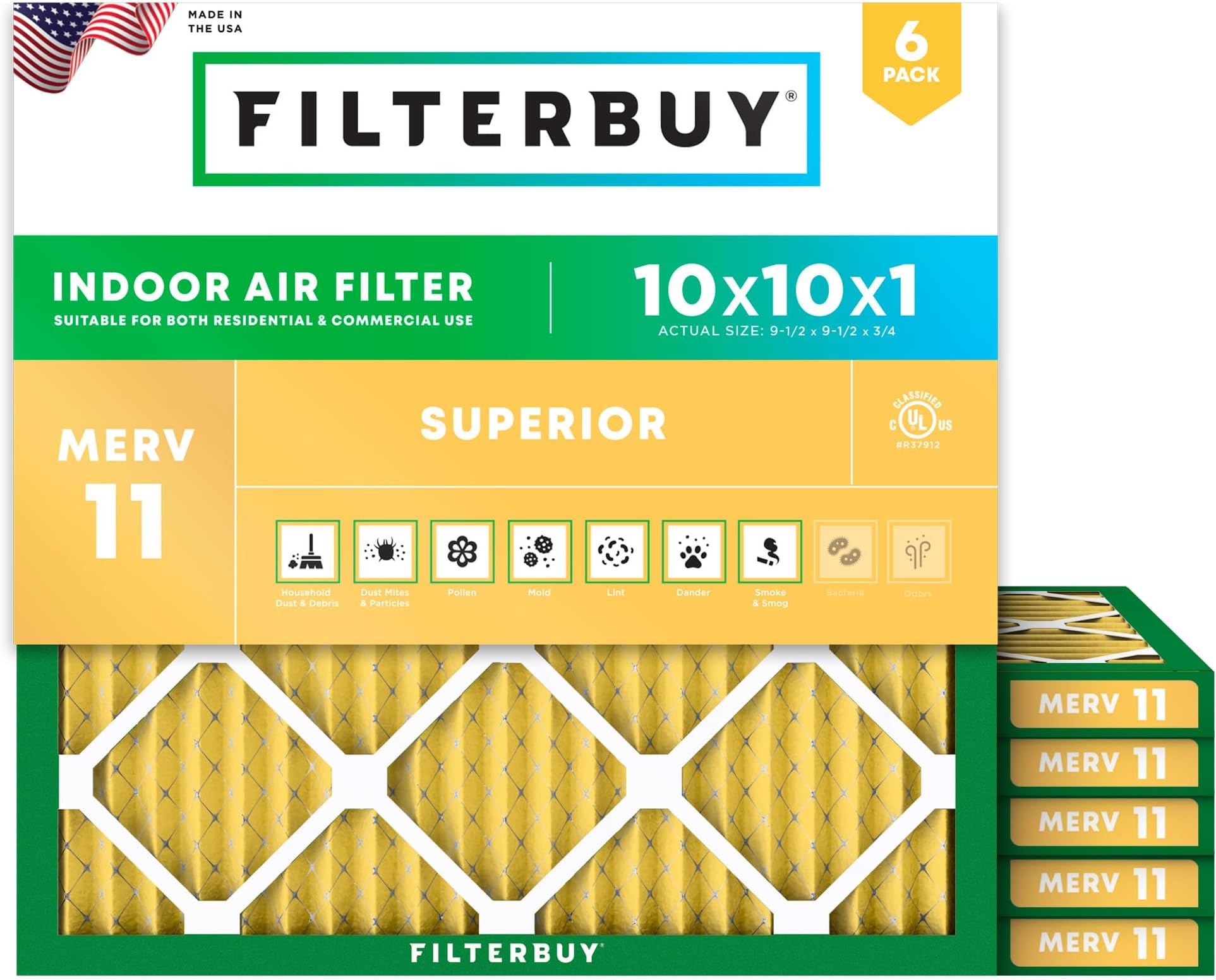 10x10x1 Air Filter MERV 11 Superior Pet & Allergy Defense (6-Pack), Electrostatic Pleated HVAC AC Furnace Filters Replacement (Actual Size: 9.50 x 9.50 x 0.75)