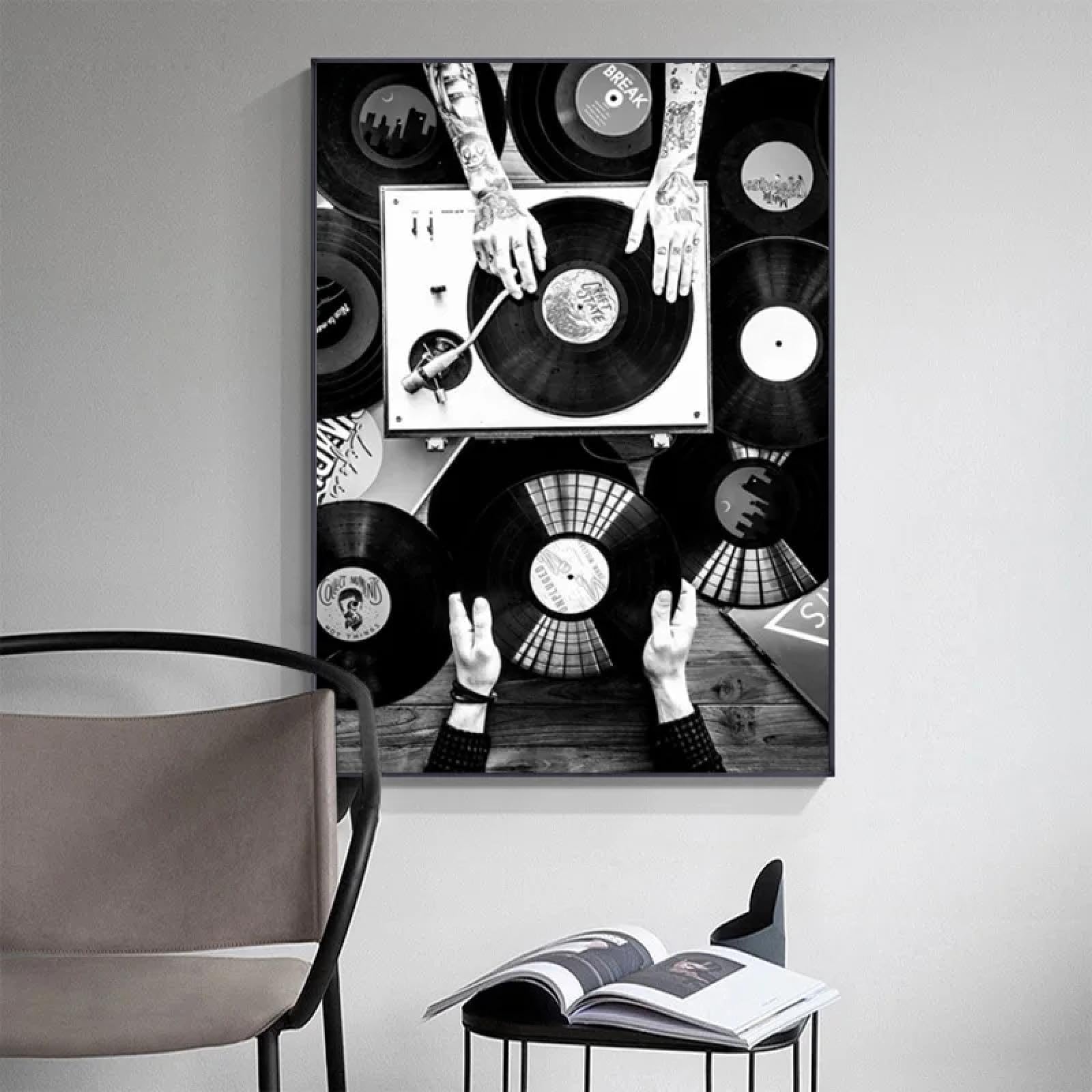 lianyibo Płyty winylowe sztuka ścienna malarstwo, czarno-białe plakaty muzyczne vintage i wydruki obrazów, do salonu dekoracja domu 70 x 130 cm bez ramy