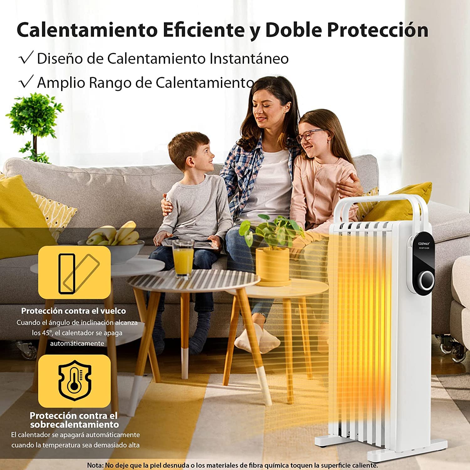 COSTWAY 1500W Radiador Eléctrico de Aceite, Calentador Eléctrico Bajo Consumo, 3 Ajustes de Calor hasta 35°, Estante Plegable para Colgar, Calentador de Bajo Ruido de Interior (Blanco)