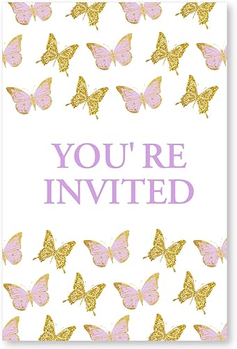 Miniatura 2 de Juego de 20 invitaciones para fiesta de baby shower con sobres, diseño de mariposa rosa, para baby shower, color morado y dorado