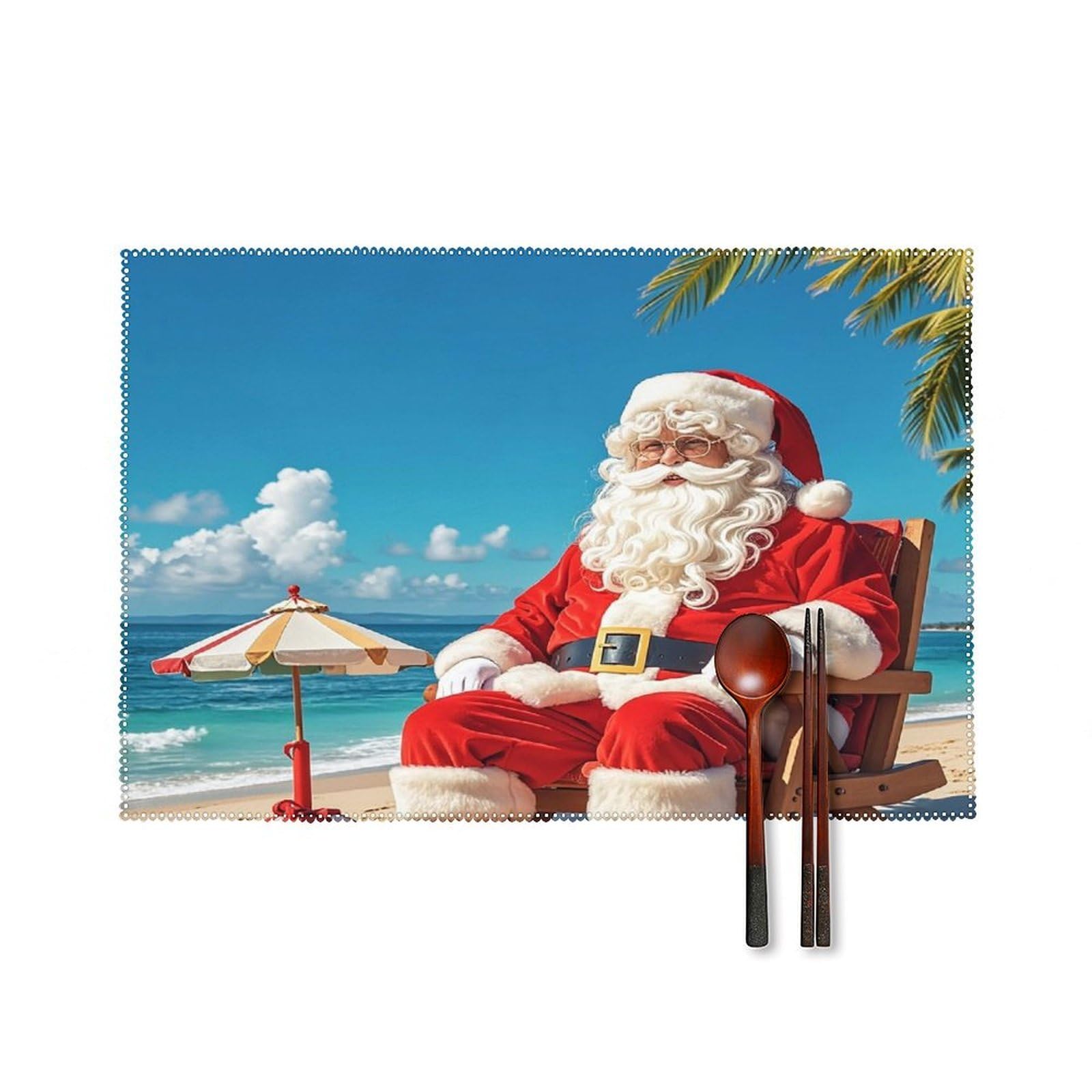 Santa Claus At Beach Placemats Set of 4 Heat Resistant Non-Slip Place Mats Wipeable Easy to Clean Table Mats for Kitchen Dining Party Outdoor Placemats