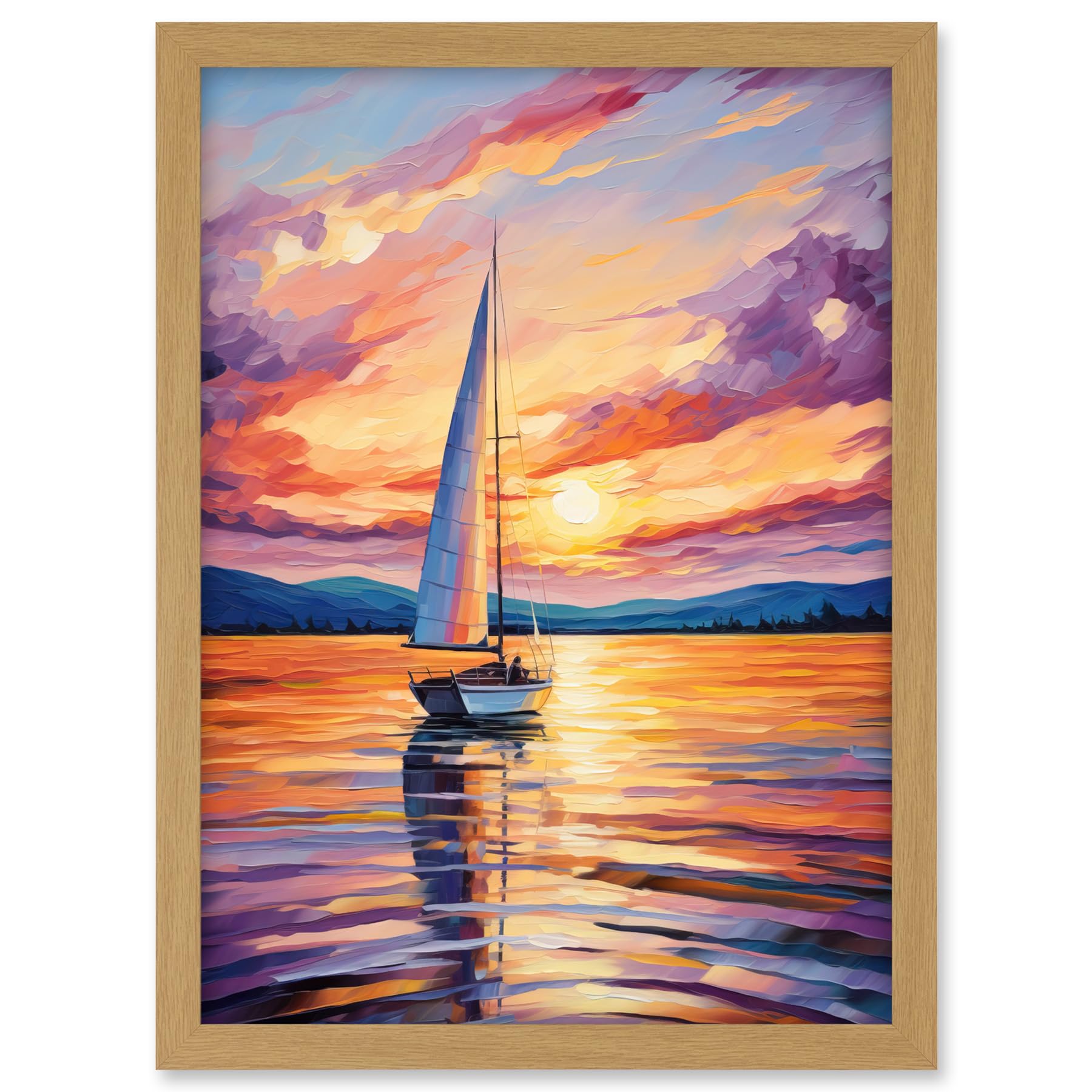 Artery8 Sunset Sailing Vibrant Oil Painting Orange Purple Blue Bathroom Artwork Sail Boat Seascape Artwork Framed A3 Wall Art Print