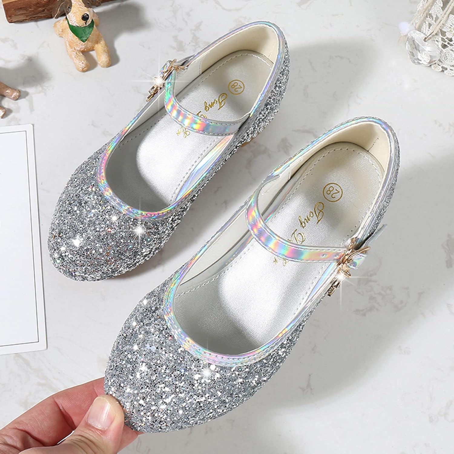 Girls Princess Heeled Shoes Glitter Rhinestone Bow Pearl Adjustable Strap Sandals Kids Low Heel Party Shoes (Grey-9, 11 Little Kid)