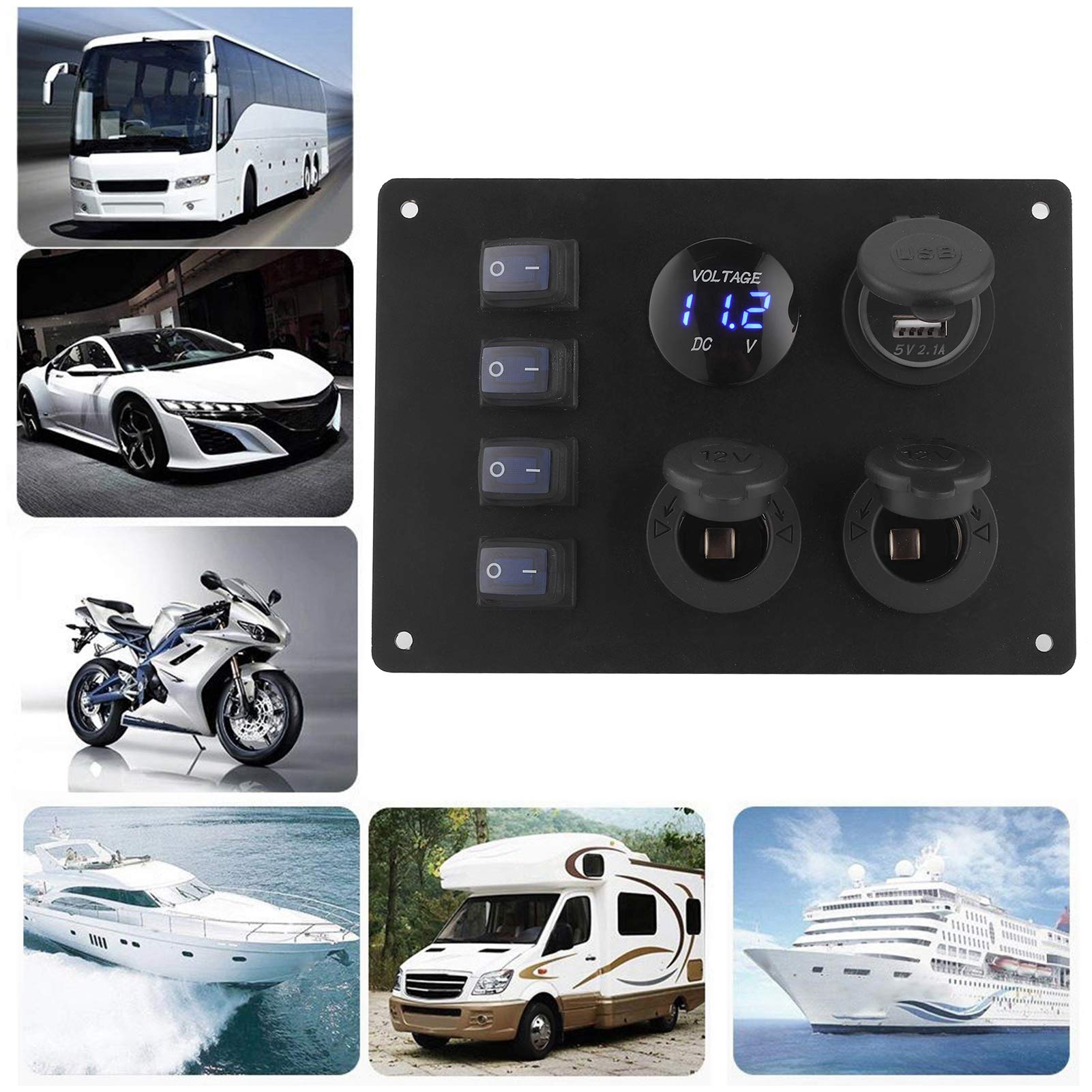 aqxreight - Pannello Interruttori a Bilanciere, Presa 12V Display Tensione Doppia Porta USB Pannello Interruttori a Bilanciere Impermeabile 4 Gang per