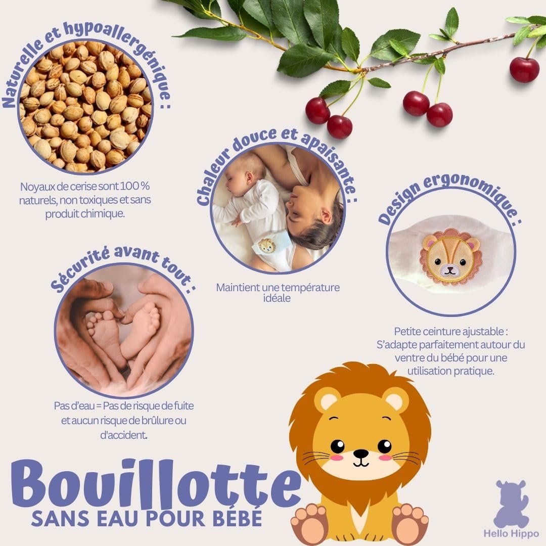 Hello Hippo - Bouillotte Noyaux de Cerise Bébé - Ceinture Chauffante Sèche Anti-Colique pour Nourrisson, Micro-Ondes ou Four, Hypoallergénique et Lavable (Lion)