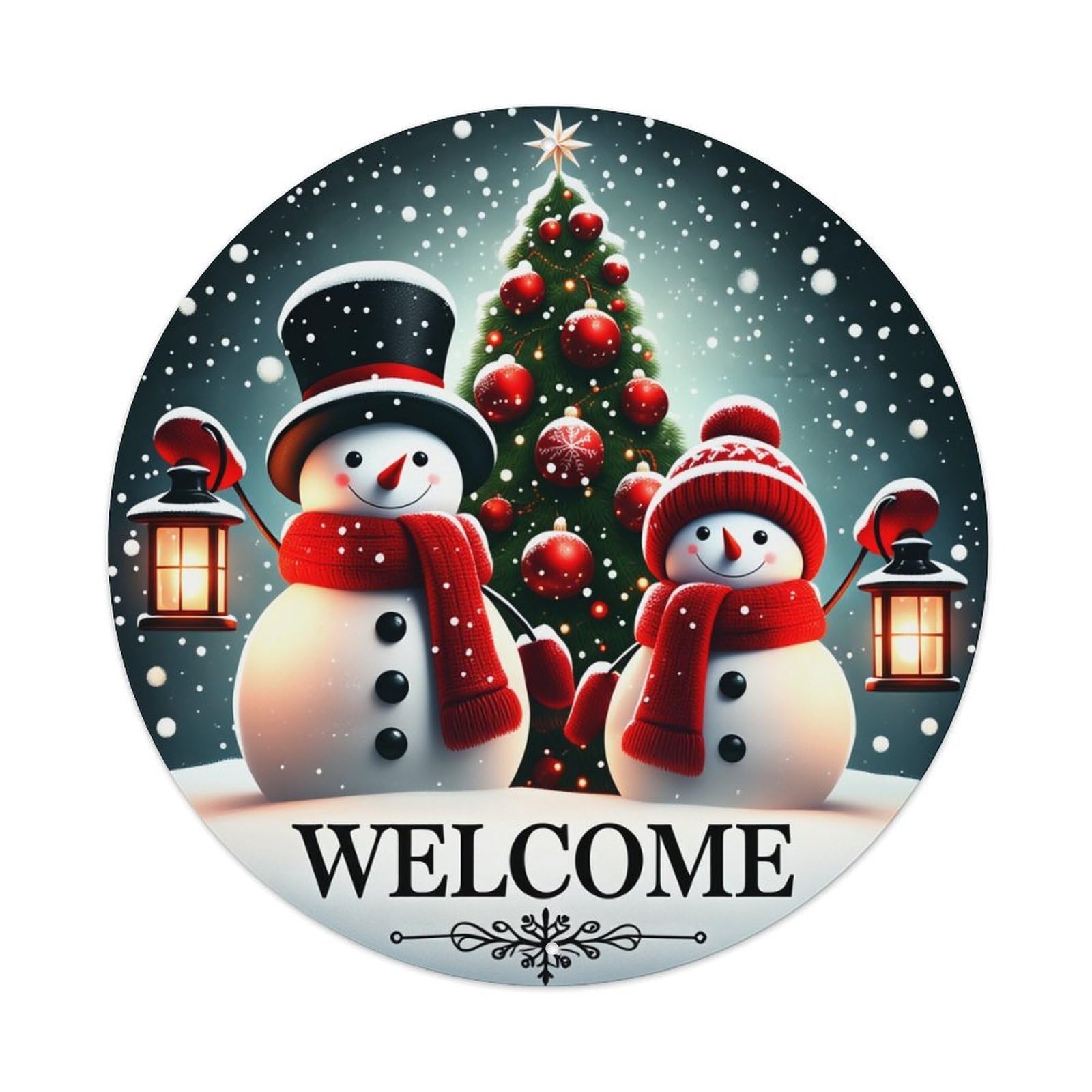 Snowman Christmas Tree Lanterns Welcome Round Tin Sign Vintage Metal Sign Home Bar Garden Indoor & Outdoor Wall Decor Retro Metal Poster 8x8 Inch