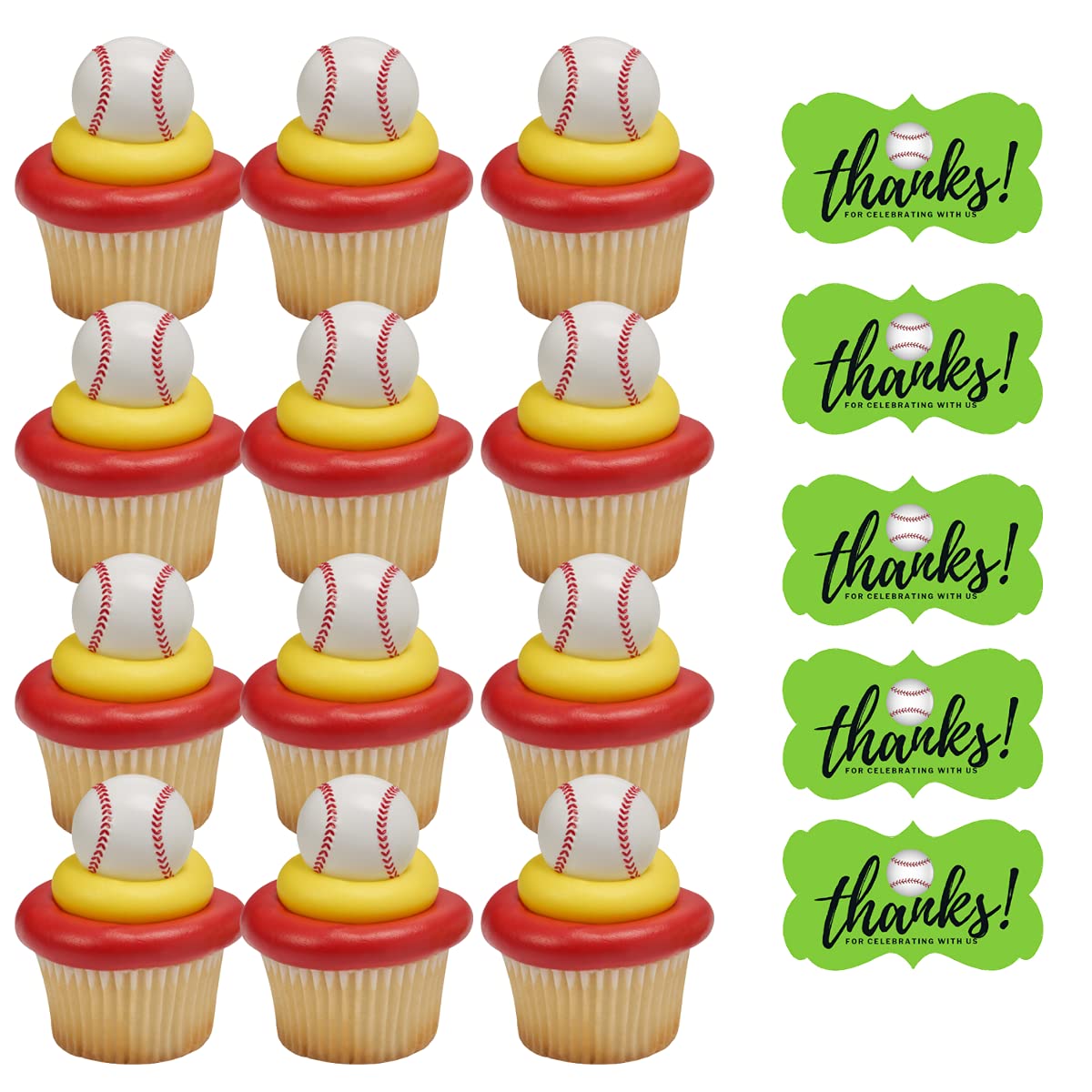 CakeSupplyShop 24pack 3D Baseball Cupcake / Desert / Food Decoration Topper Rings with Favor Stickers & Sparkle Flakes