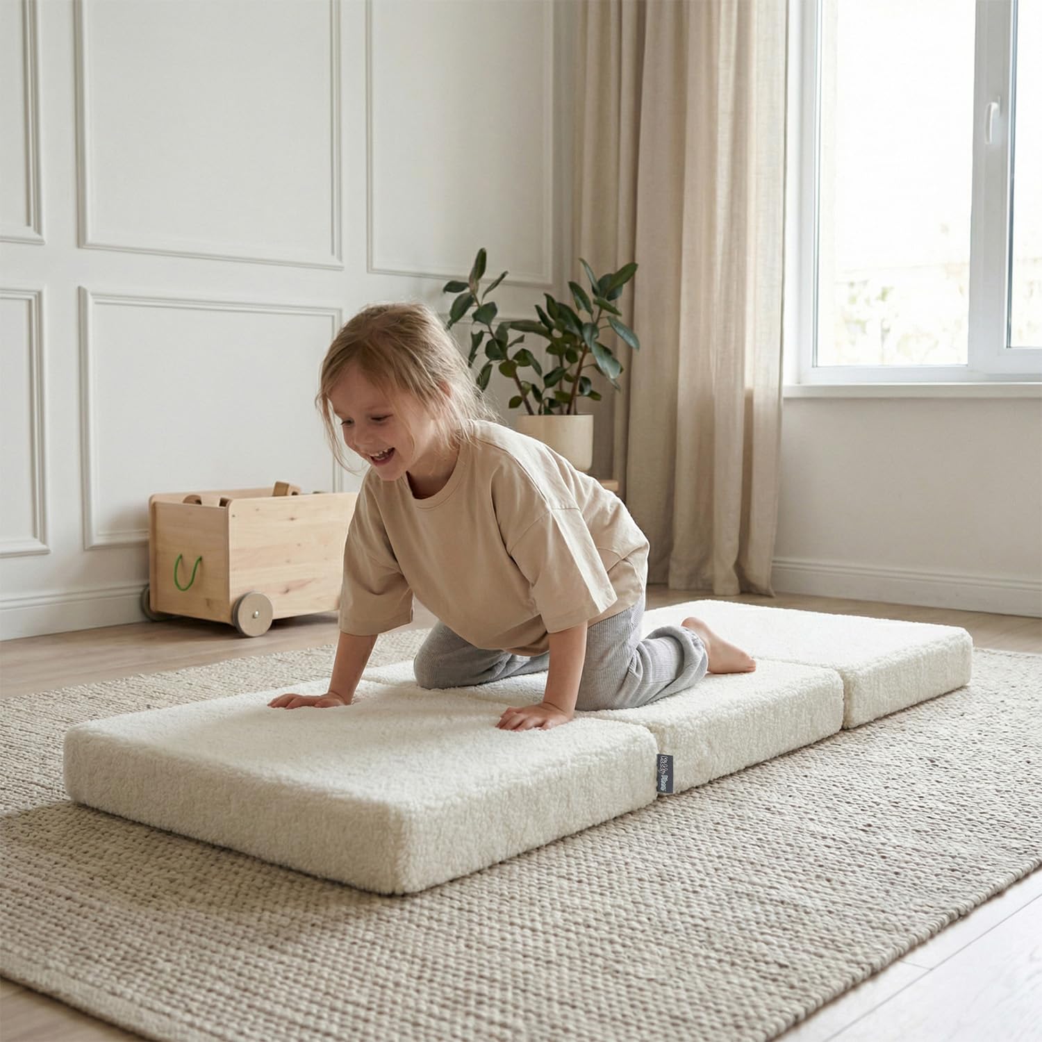 KiddyMoon Kinder Matratzen Mit Teddy-Plüsch Aufklappen Aus Schaumstoff Kindermatratze Kinderzimmer Faltmatratze, Cremig,Matratzen