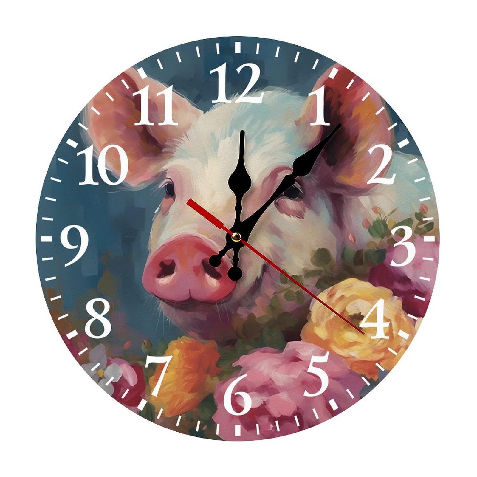 NTVOWPZO 10 Inch Wall Clock Painting Flower Pigs Battery Operated Wall Clocks Silent Non-Ticking Round Wall Clock for Living Room Kitchen Home Office Wall Decorative Clock