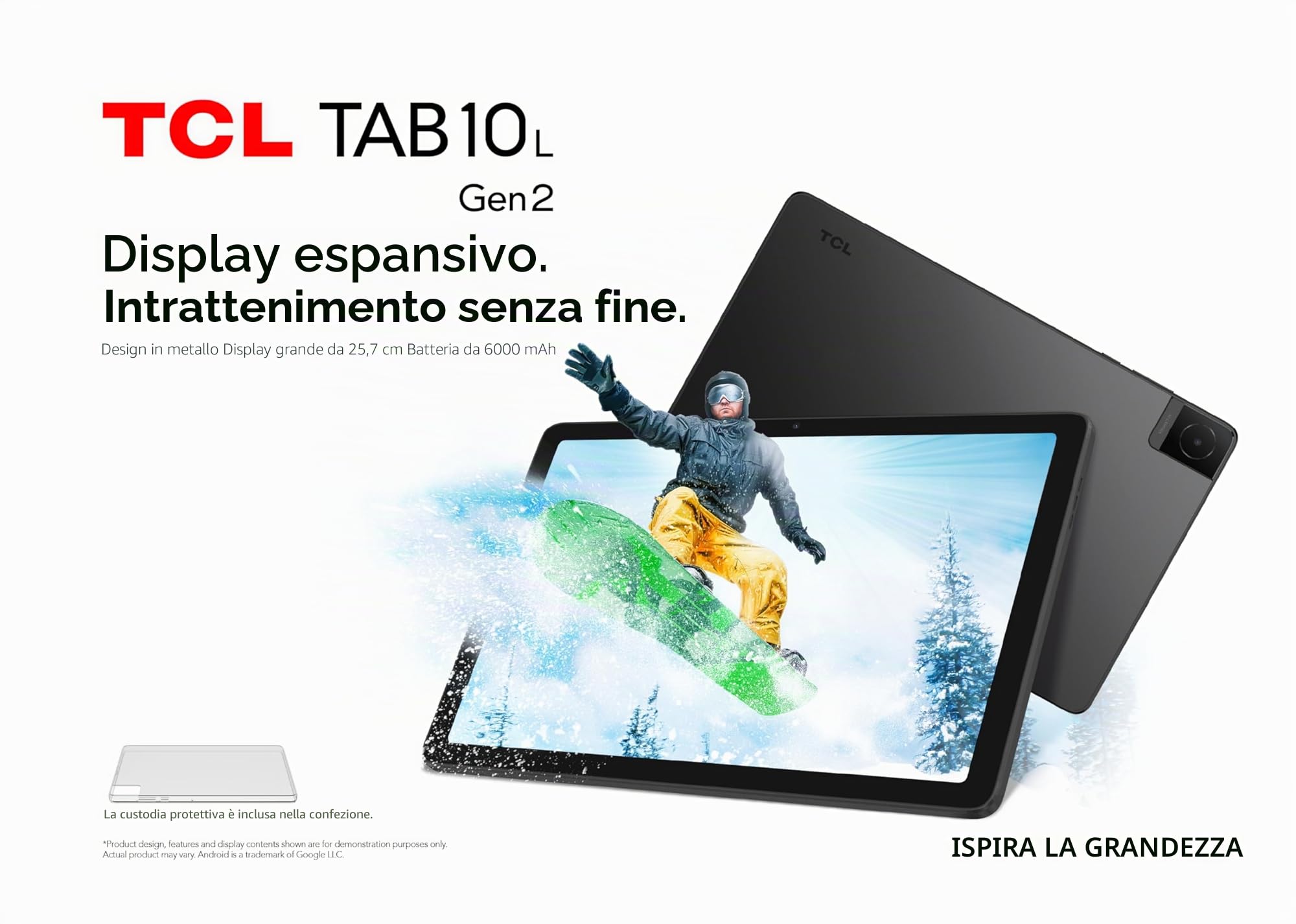 TCL 10L Generazione 2 WiFi, Tablet da 10,1" HD, Quad-Core, 3 GB di RAM, memoria da 32 GB espandibile fino a 1 TB con MicroSD, 6000 mAh di batteria, Custodia trasparente, Android 13, grigio | WiFi, Quad-Core, Espandibile fino a 1TB con MicroSD, Batteria 60
