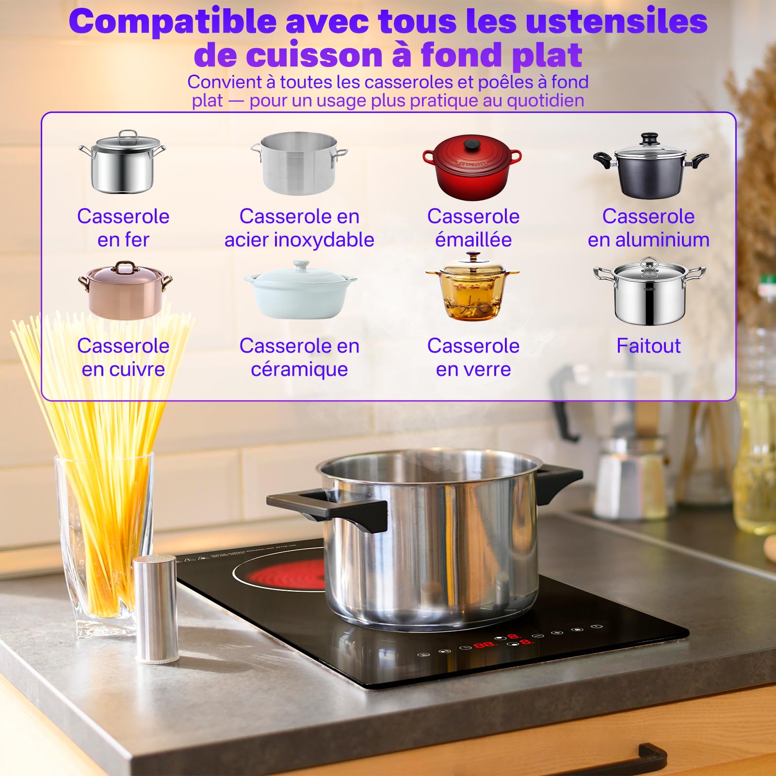 Plaque de Cuisson Électrique 2 Feux 3000W, Portable & Encastrable Plaque Vitrocéramique 2 Feux avec 9 Niveaux, Minuterie, Verrou Enfant, 220-240V
