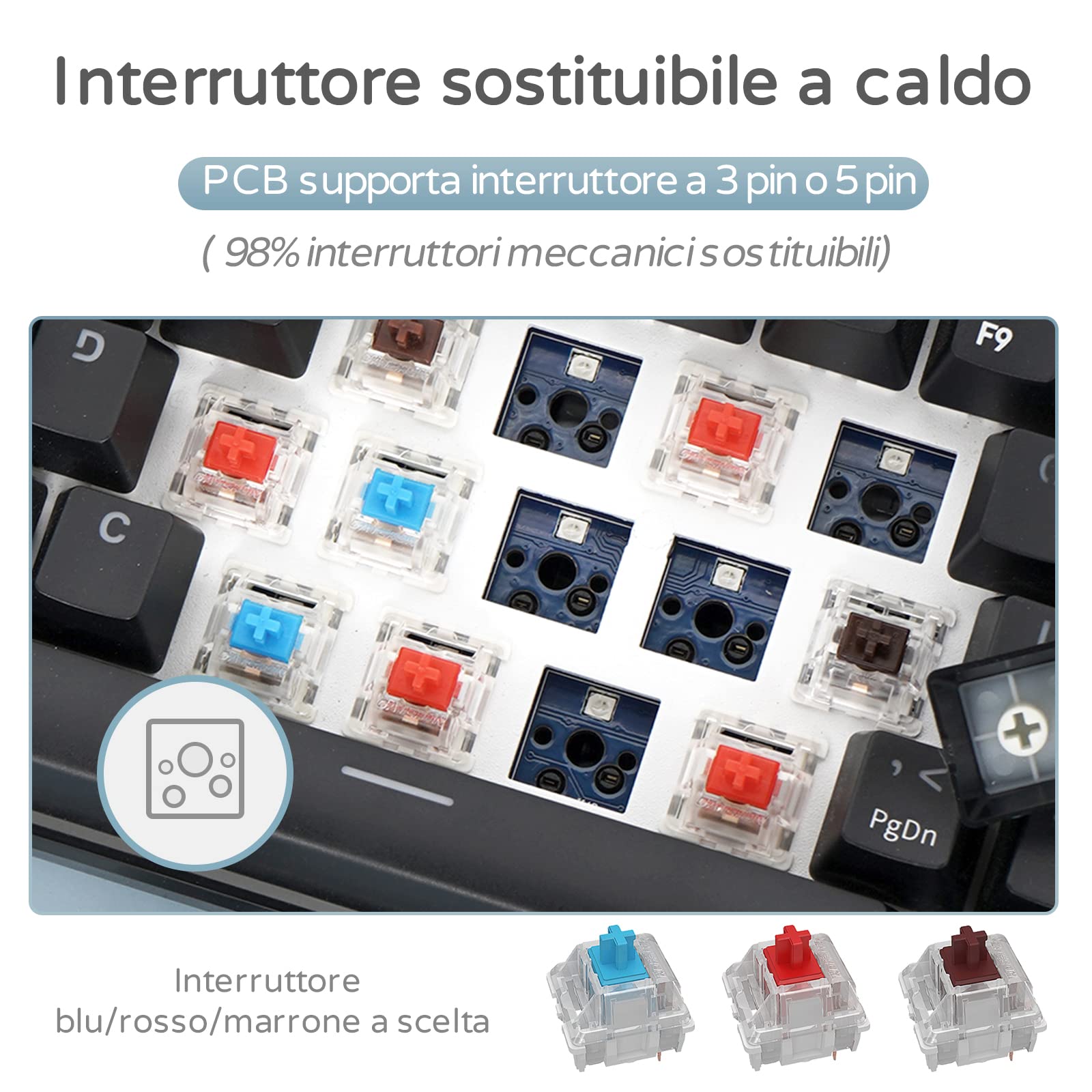 RK61 Tastiera Gaming Meccanica, 60% Tastiera Wireless 2.4Ghz/Bluetooth/USB-C RGB Backlit Interruttore Marrone Hot Swap Double-Shot ABS Keycaps Compatibile con Win/Mac, Nero(QWERTY Layout Italiano)