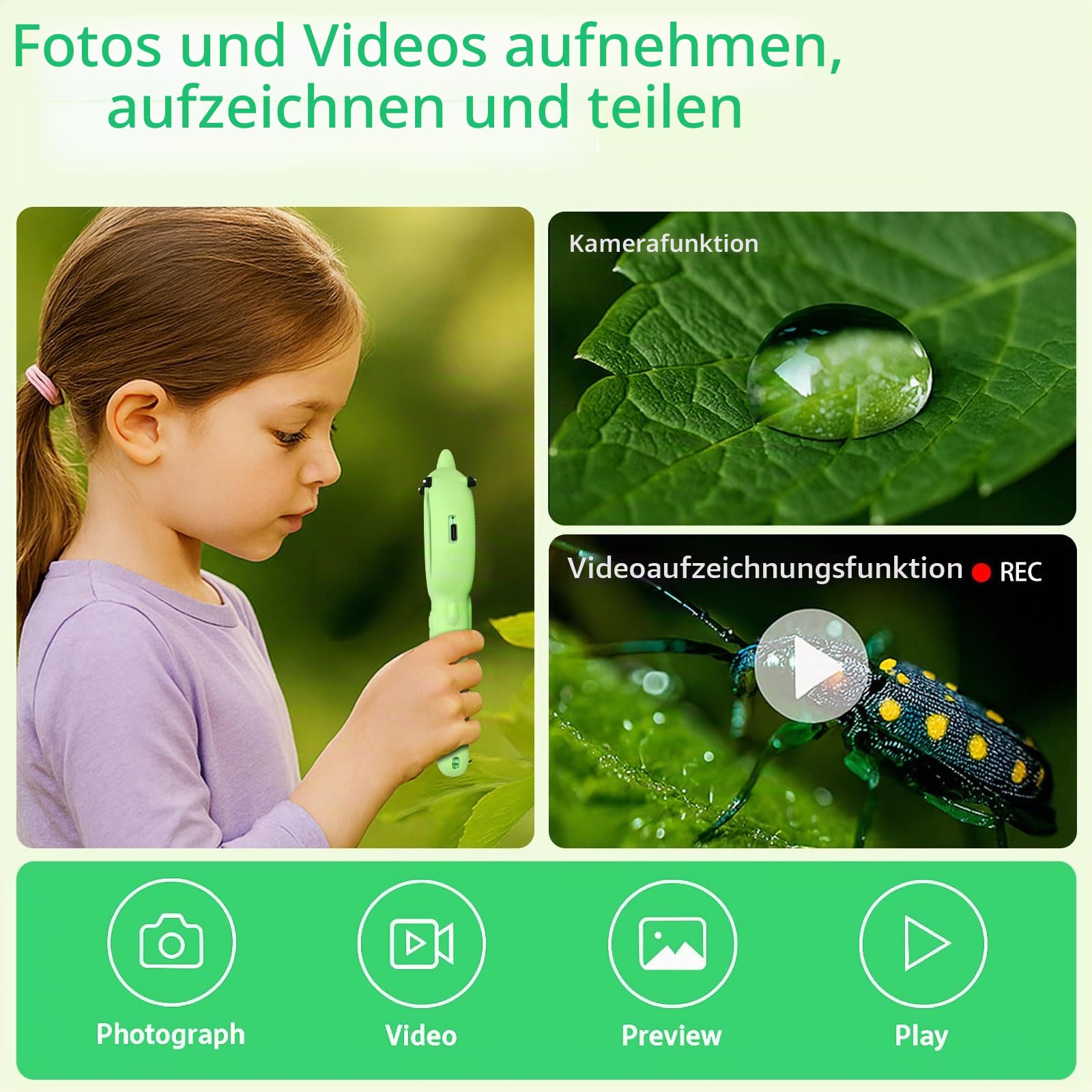Mikroskop und 2 in 1 Kamera für Kinder, Taschenmikroskop Digital, 500x, 2-Megapixel Mikroskop mit Autofokus für Handy, zwei Kameras