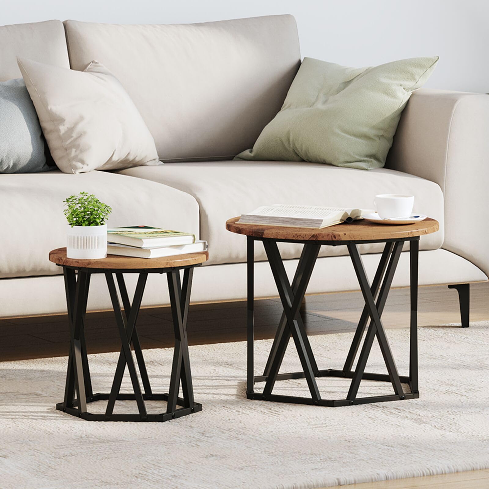 SXZenSpace 868247 Nesting Side Tables (Set of 2) - Rustic Wood Look,Made Engineered Table Modern Nightstand End for Home Bedroom Living Room Easy Assembly Hallway Coffee