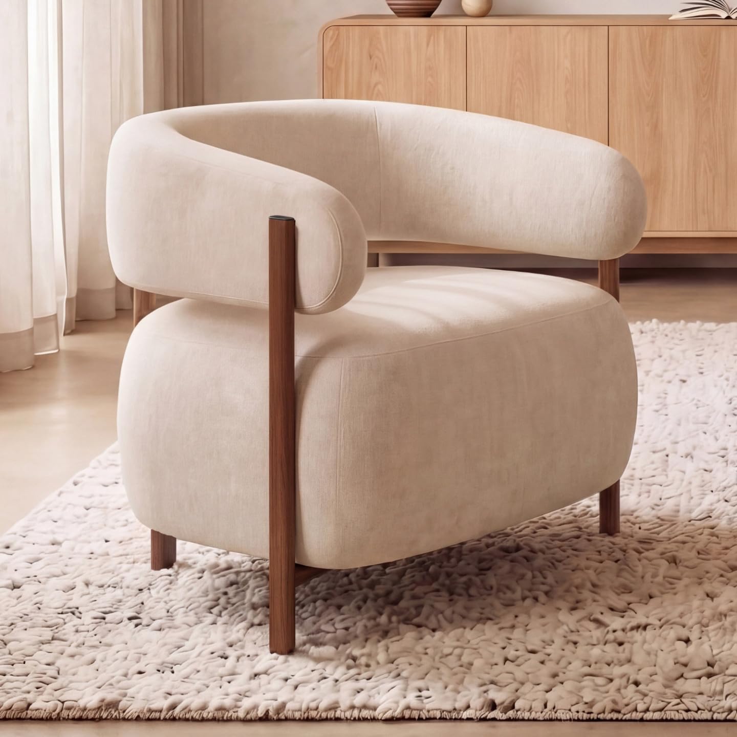 IDMarket - Sillón Albert de tela de chenilla beige y patas efecto nogal